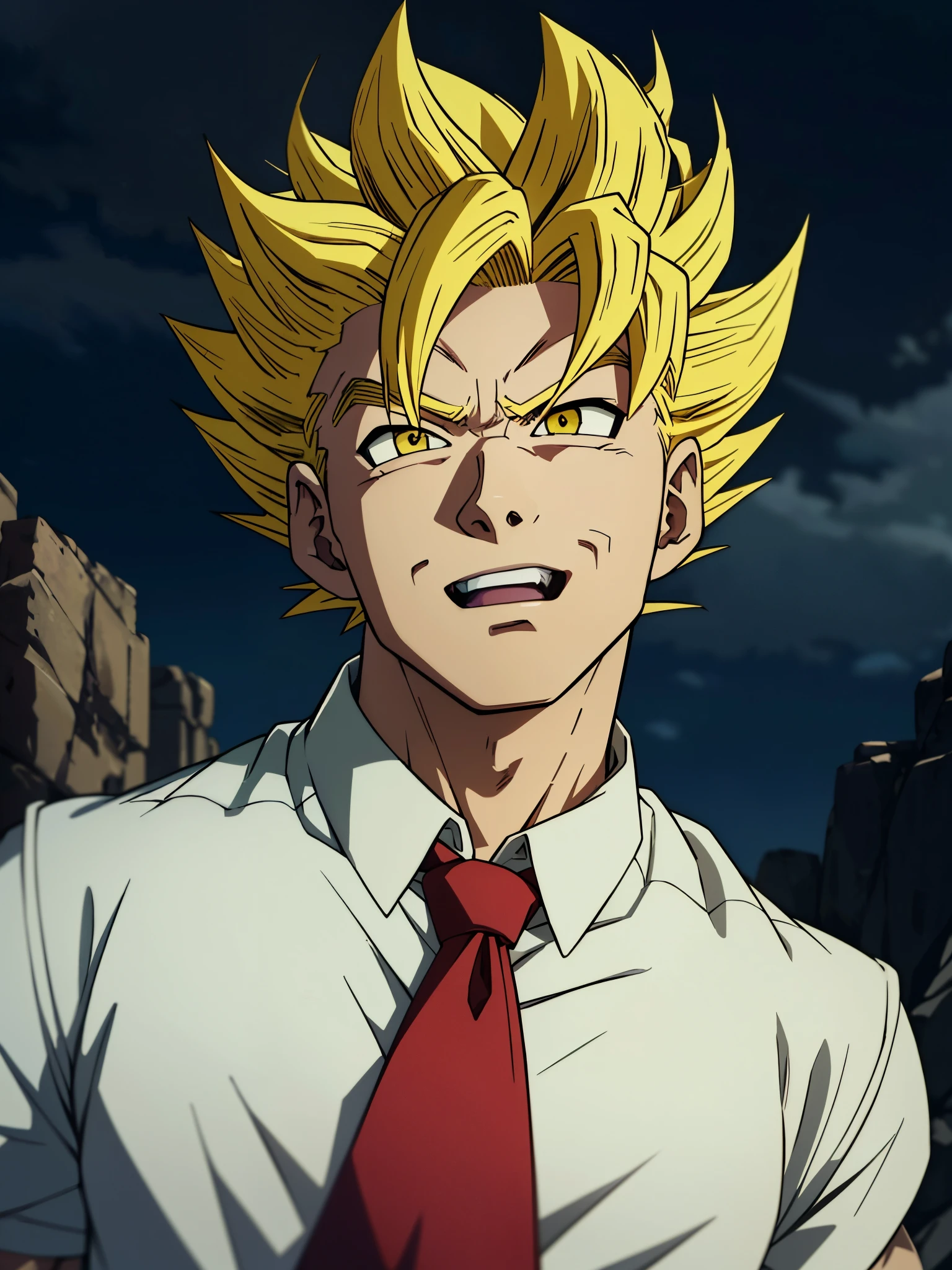 arafed man in a white shirt and red tie posing for a picture, super saiyan,(blond hair:1.5), ((yellow hair:1.5)),super saiyan goku, super sayan, super sayian goku, super saiyan 3, going super saiyan, dragon ball concept art, dragon ball artstyle, 4 k manga wallpaper, goku from dragon ball, an epic anime of a energy man, 4k anime wallpaper,smile,