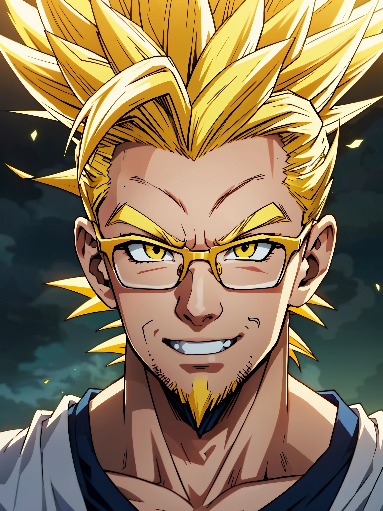 tthere is a man with glasses and a beard smiling for a picture, super saiyan,(blond hair:1.5), ((yellow hair:1.5)),super saiyan goku, super sayan, super sayian goku, super saiyan 3, going super saiyan, dragon ball concept art, dragon ball artstyle, 4 k manga wallpaper, goku from dragon ball, an epic anime of a energy man, 4k anime wallpaper,smile,