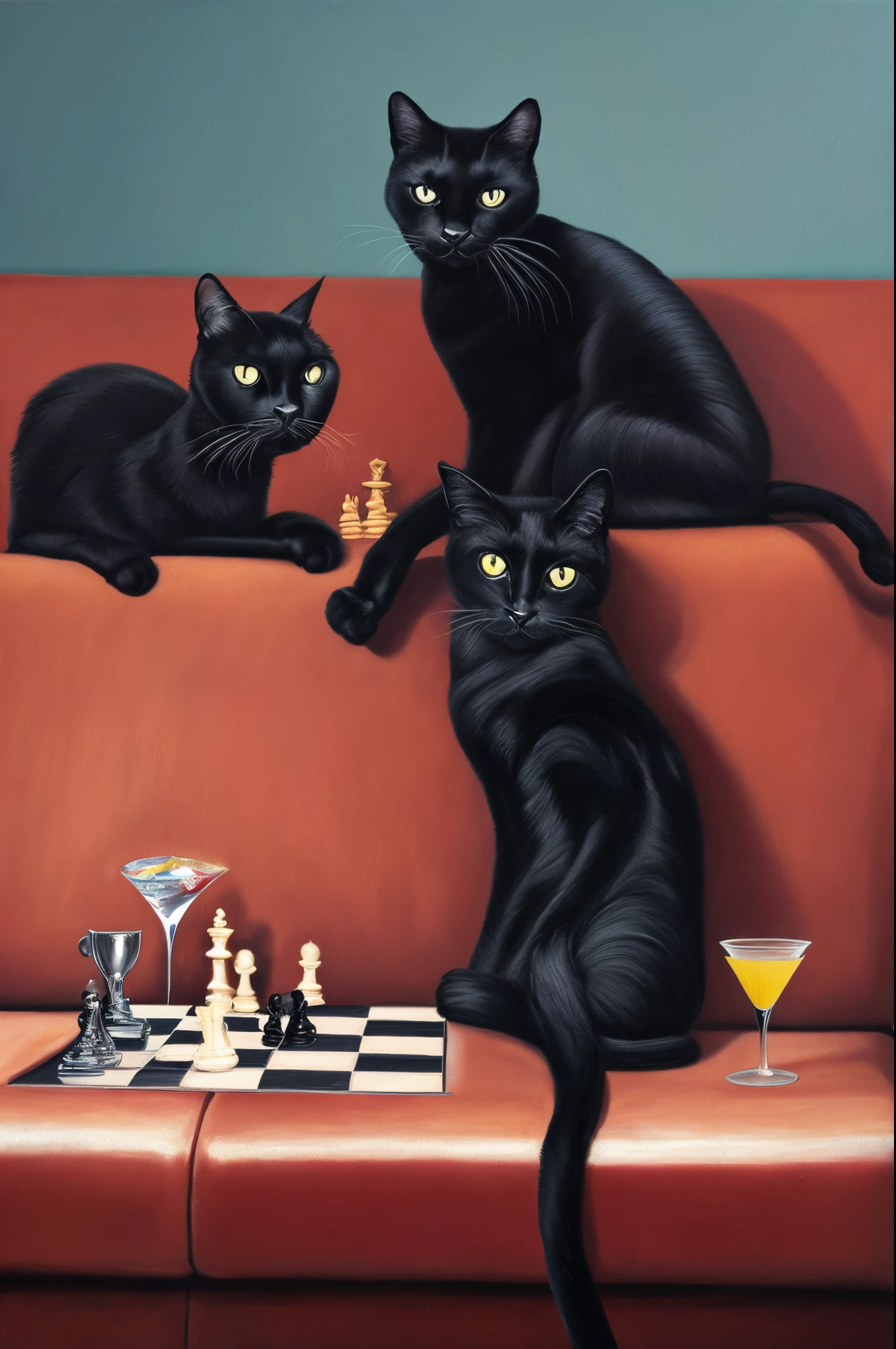 Oil painting of a black cat sitting on a sofa enjoying cocktails and chess