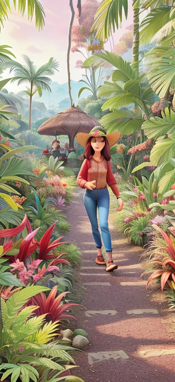 araffe woman walking down a path in a garden with plants, standing in a botanical garden, in jungle forest !!!, in red gardens, in pink forest, walking at the garden, photoshot, in a jungle, in a tropical forest, amidst nature, autum garden, in a jungle environment, foto, full body photogenic shot, in marijuanas gardens