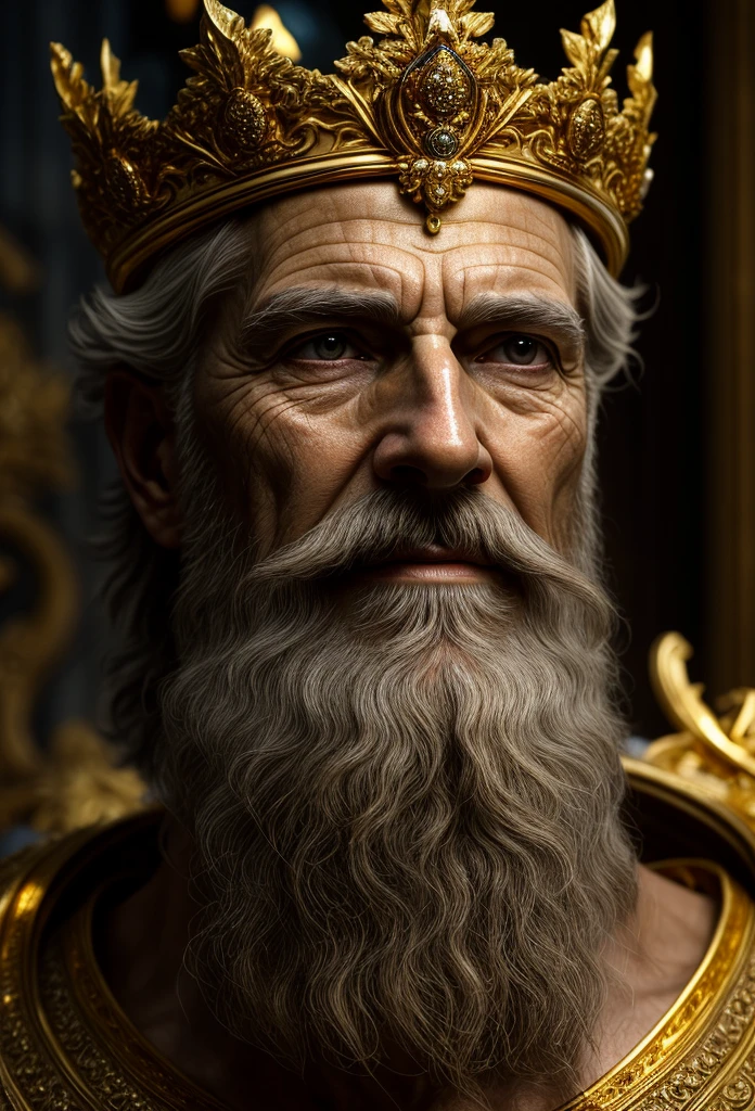 ((best quality)), ((masterpiece)), ((ultra realistic)), ((classical art style)), majestic intricately detailed soft oil painting, close up portrait, Elderly Greek benevolent god king, wrinkled skin, (detailed white beard:1.1), bushy eyebrows, glacial eyes, (wise and kind face:1.2), gentle smile, pristine white robes,( ornate bejeweled shining golden crown:1.3), handsome, white marble pantheon background, highres, depth of field, (deep shadows:1.2), (golden god rays:1.3), high detail, sharp focus, smooth, roughness, real life, backlit, dramatic warm cinematic lighting, reflections, bloom, sparkles, warm vibrant color palette