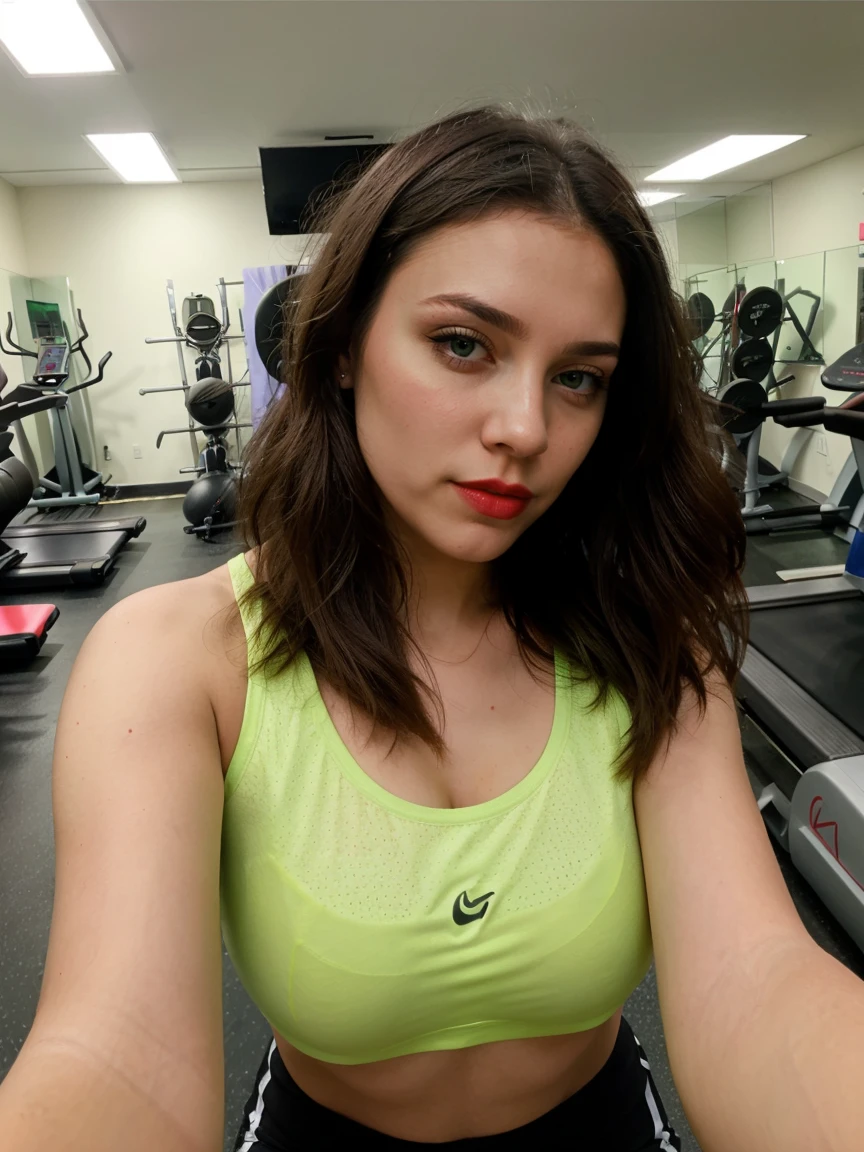 8k, solo, beautiful girl, makeup, blush, lipstick, red lips, portrait, realistic, green eyes, looking at viewer, painting, gym , on the treadmill , sweated a lot , taking selfie , phone not visible , it looks great ,