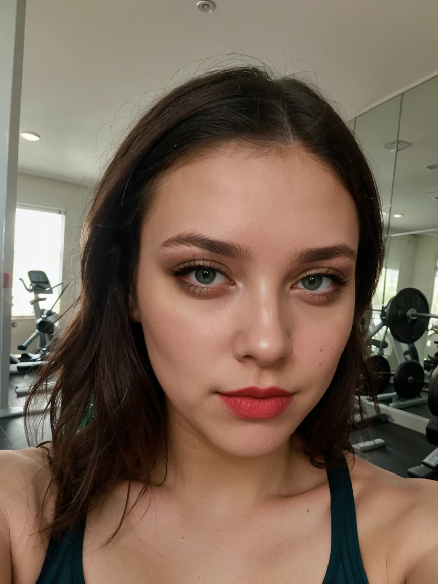 8k, solo, beautiful girl, makeup, blush, lipstick, red lips, portrait, realistic, green eyes, looking at viewer, painting, gym , on the treadmill , sweated a lot , taking selfie , phone not visible , it looks great ,