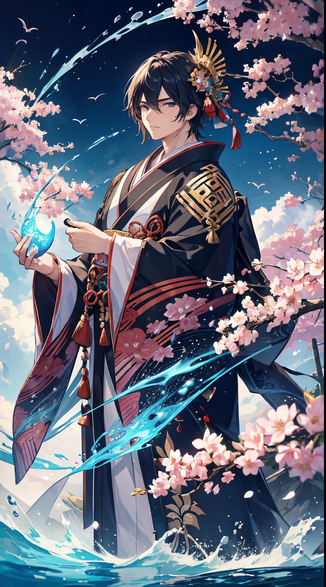 1 male, Big fan, Japanese style fantasy outfit, Beautiful fece, I have two big fans, he has a big fan2I had one、He was a fantasy-style, Japanese-style man.。Manipulate water using two fans