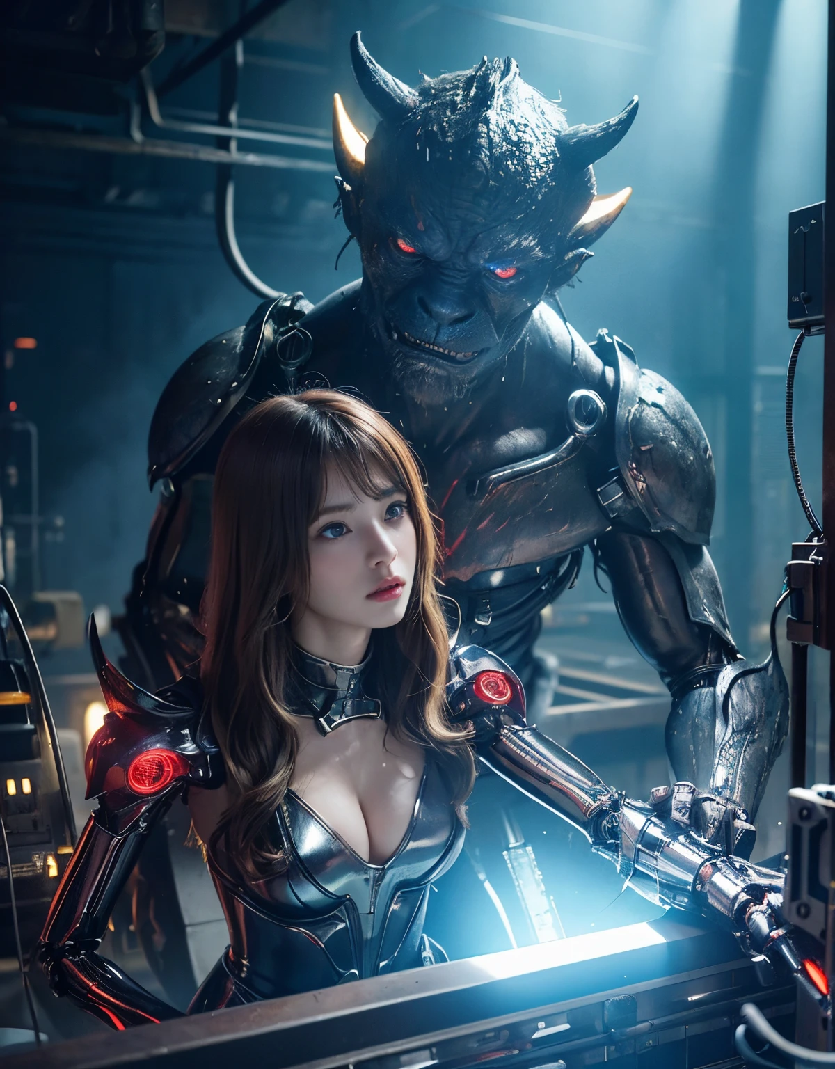 (1 Mechanical Girl)、top-quality、masterpiece、超A high resolution、(Photorealsitic:1.4)、Raw photo、女の子1人、Fight mutants、glowy skin、(((1 Mechanical Girl)))、With a beautiful knife、(Red Metal Bodysuit)、(Fight goblings、ogre、Fierce battle with orcs),(Fight fiercely against aliens)、Fight fiercely、(beautiful forest background)、(Fighting Demonic Beasts)、(Small LED)、((super realistic details))、portlate、(Strong giant demon beast background),globalillumination、Shadow、octan render、8K、ultrasharp、Colossal tits、Raw skin is exposed in cleavage、metals、Details of complex ornaments、Japan details、highly intricate detail、Realistic light、(Mystical expression),CGSoation Trends、Blue eyes、radiant eyes、Facing the camera、neon details、(Mechanical limbs)、(blood vessels connected to tubes)、(Wires and cables connecting to the head)、Small LED、,Mechanical thighs、Toostock、(Hands are also made of machines)、(Attack of the Monster Beasts)、