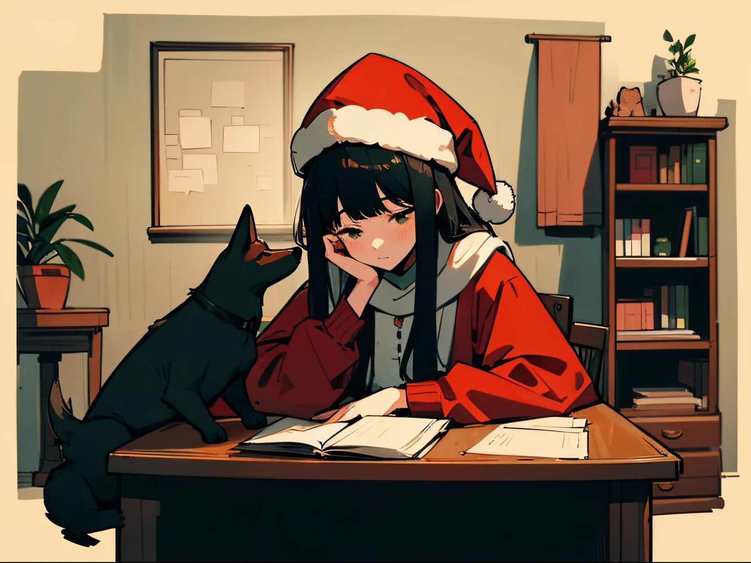 A 20-year-old black-haired woman petting a dog, Calm、Gentle light、black backgrounds、Coffee、head shot、Large houseplants、Lo-Fi Illustration、room with a low table、There are piles of books on the desk、a relaxing sight、Woman in hoodie、Red Santa Hat、looks sleepy、Green clothing、A big fluffy dog is sitting next to me.、Cute dog、golden coat dog、The dog is also wearing a Santa hat、The perfect dog