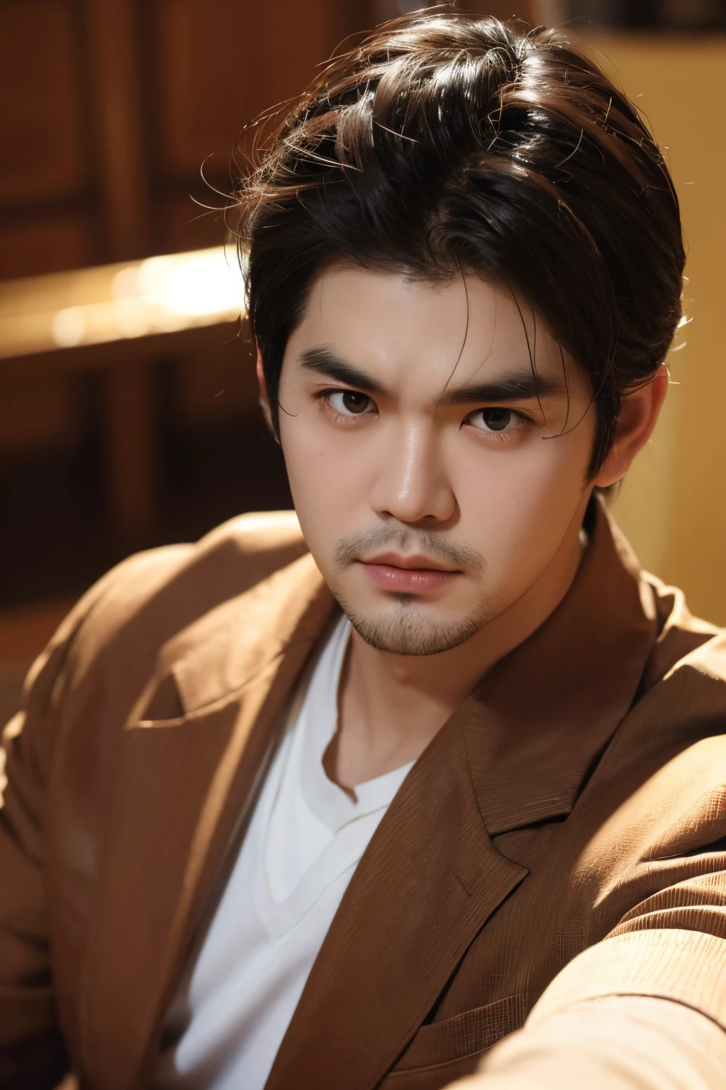 Frontal photo of Jay Chou in 2003,Wearing a brown suit,white shirt,tmasterpiece,True humans,Best quality at best,mature,Handsome,stern face