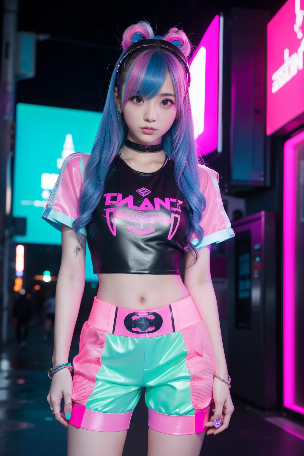 female idol、full body Esbian、、Cyberpunk Fashion(fluorescent blue and pink)、Luminescent、Colorful hair、cyber shorts