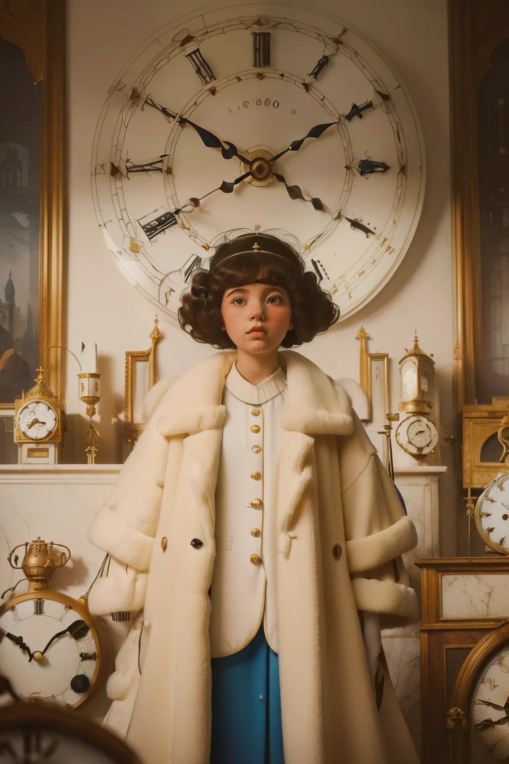 mysterious white magical city. ((wide view)) inside a Palace room full of ((((many hundreds of clocks)))). Pre-raphaelite ((((9-year-old)) Momo)), homeless girl, messy short curly hair, oversized coat, ((((big and unkempt Clothing from the 1960s)))), ((curly Hairstyle of the 1960s)), ((Wes Anderson cinematic style)), colorful