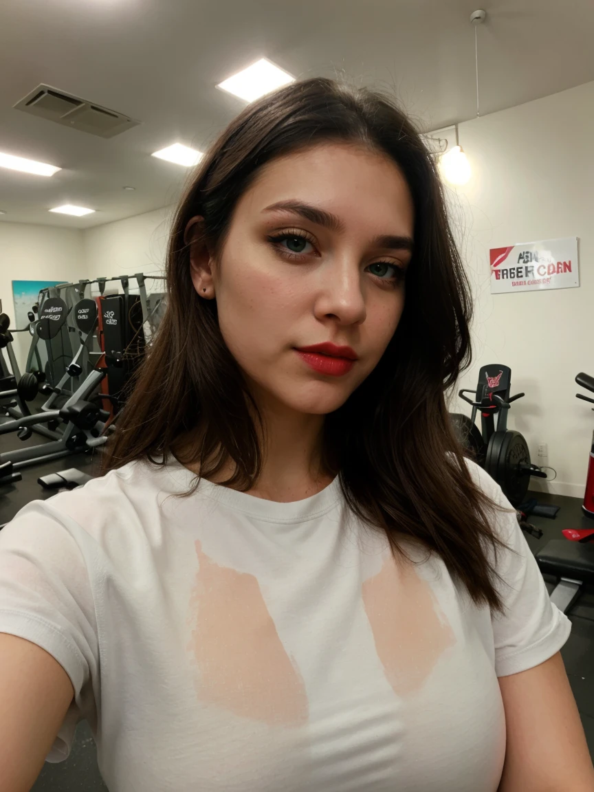 8k, solo, beautiful girl, makeup, blush, lipstick, red lips, portrait, realistic, green eyes, looking at viewer, painting, gym , sweated a lot , taking selfie , phone not visible , it looks great ,