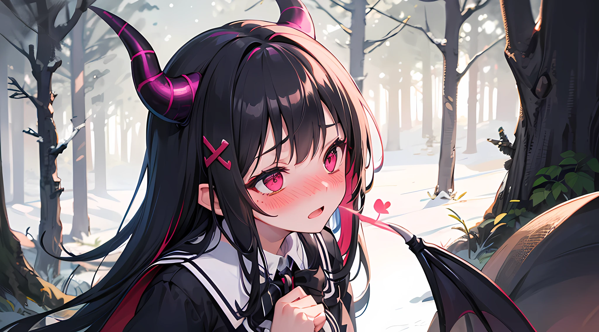 (1 demon girl), front lighting, demon horns, witch uniform, detailed face, camping in forest during winter, multicolored hair, black hairpins, (blushing: 1.5), open mouth, hand unbutton her shirt, ready to do a blowjob, heart eyes, (full body:0.8), front lighting, 8k, masterpiece, ultra HD,