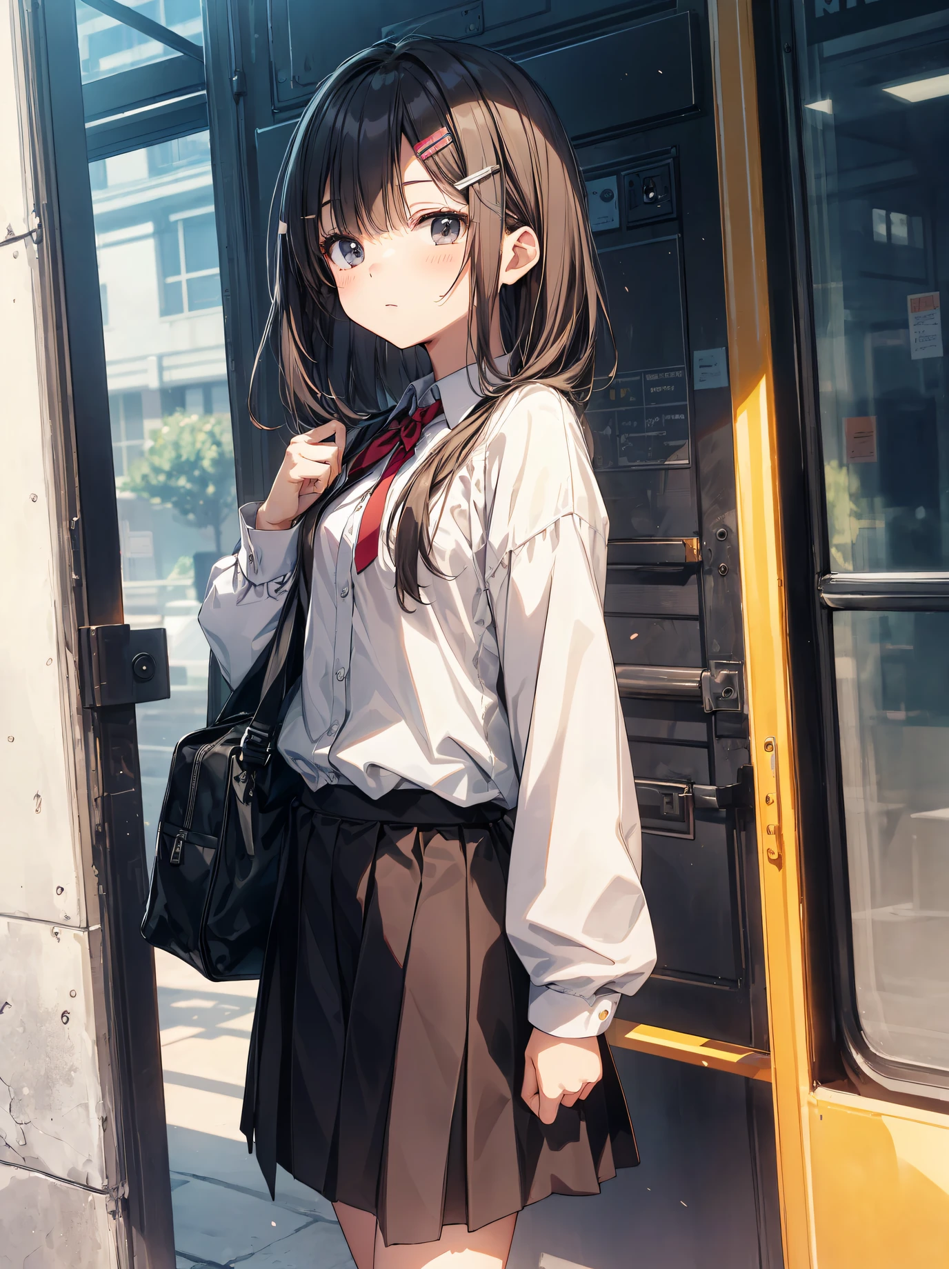 divine quality, anime moe art style,Best Anime 8K Konachan Wallpapers,pixiv,Perfect Anatomy, (Draw a girl sleepily walking to school. ),BREAK, 1girl in, (Solo,Lori,child,13years:1.3),High school students, Very short hair,Parted bangs,(Hair over one eye:1.1), Full limbs, complete fingers,medium breasts, groin, Small eyes,Precise black eyes, hair clips, School uniform, On the way to school. BREAK,Ultra-detailed,High resolution,super detailed skin, Professional Lighting,8k eye details, (Cute illustration:1.2),