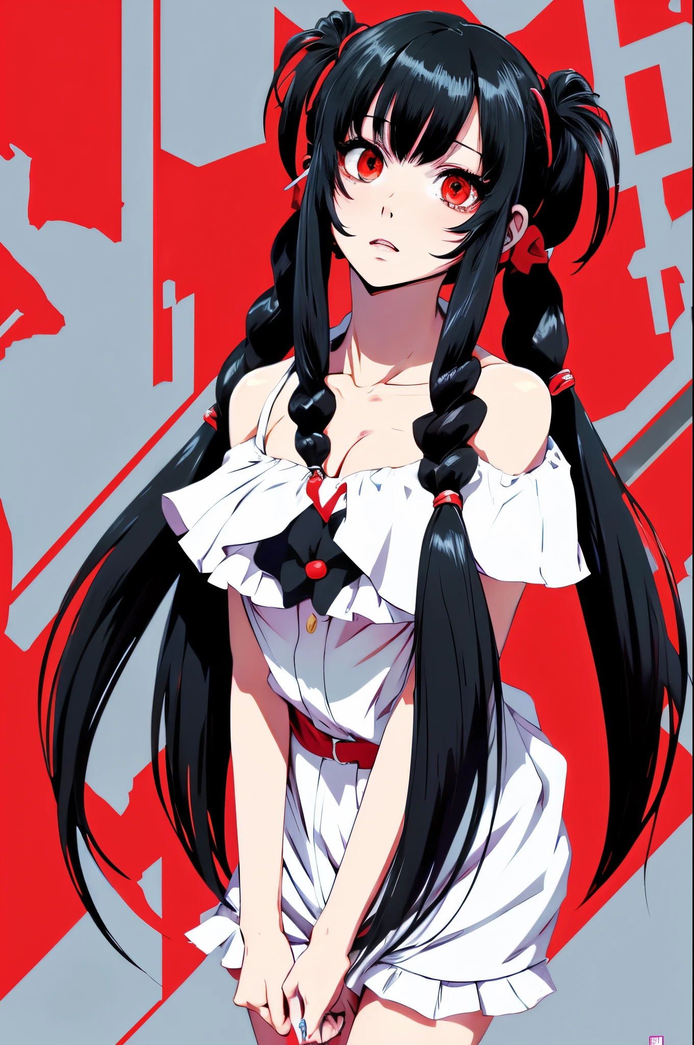 ((Anime style)),Black hair twintails,Red Eyes,childish,So Huge Breasts,