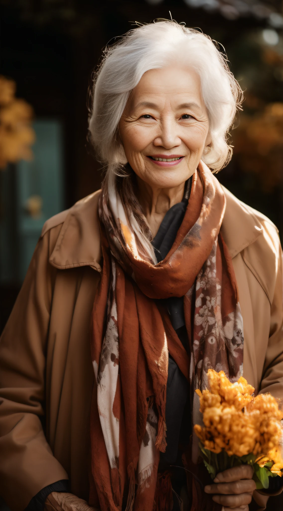 Smiling woman holding a bouquet of flowers in her hands, Asian woman, white haired lady, Kiyoko Suzuki, an asian woman, long silver hair with a flower, A warm and gentle smile, korean woman, portrait shooting, Chinese woman, in fall, autumn period, elderly woman, she is about 7 0 years old, old man look, elderly woman