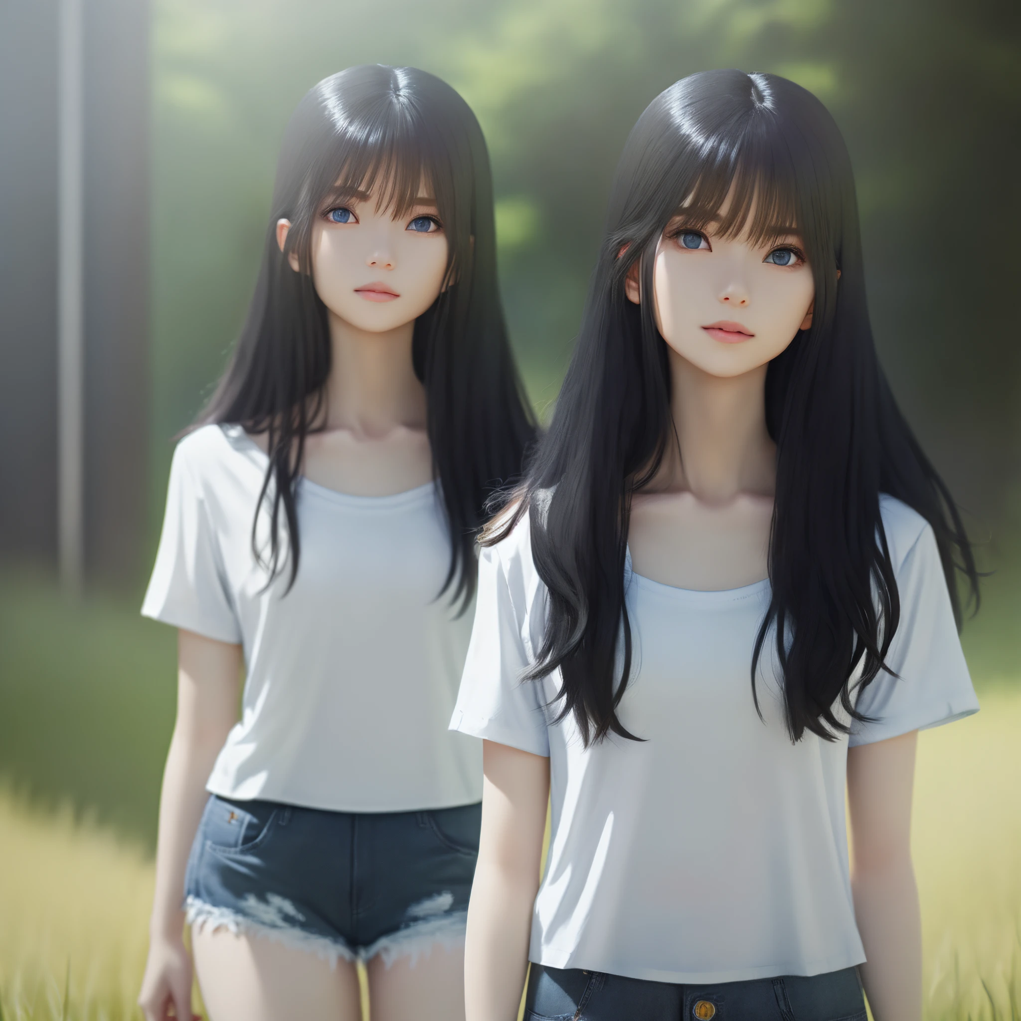1 girl, long black hair, blue eyes, wearing plain white shirt,denim shorts,plain grassland, high resolution, ultra sharp,8k, looking at viewer