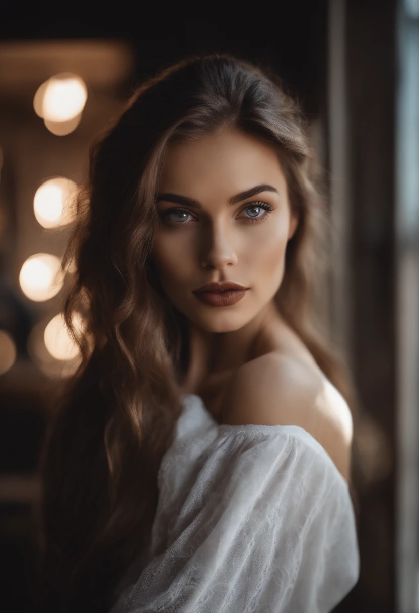 Femme arafed avec une belle tenue d’hiver, fille aux yeux bruns,porte un large t-shirt blanc, petite poitrine, Portrait Sophie Mudd, cheveux bruns et grands yeux,Yeux de chambre, Violet Myers, sans maquillage, maquillage naturel, Regarder directement la caméra, Visage avec Artgram, Maquillage subtil,selfie au bar, clivage