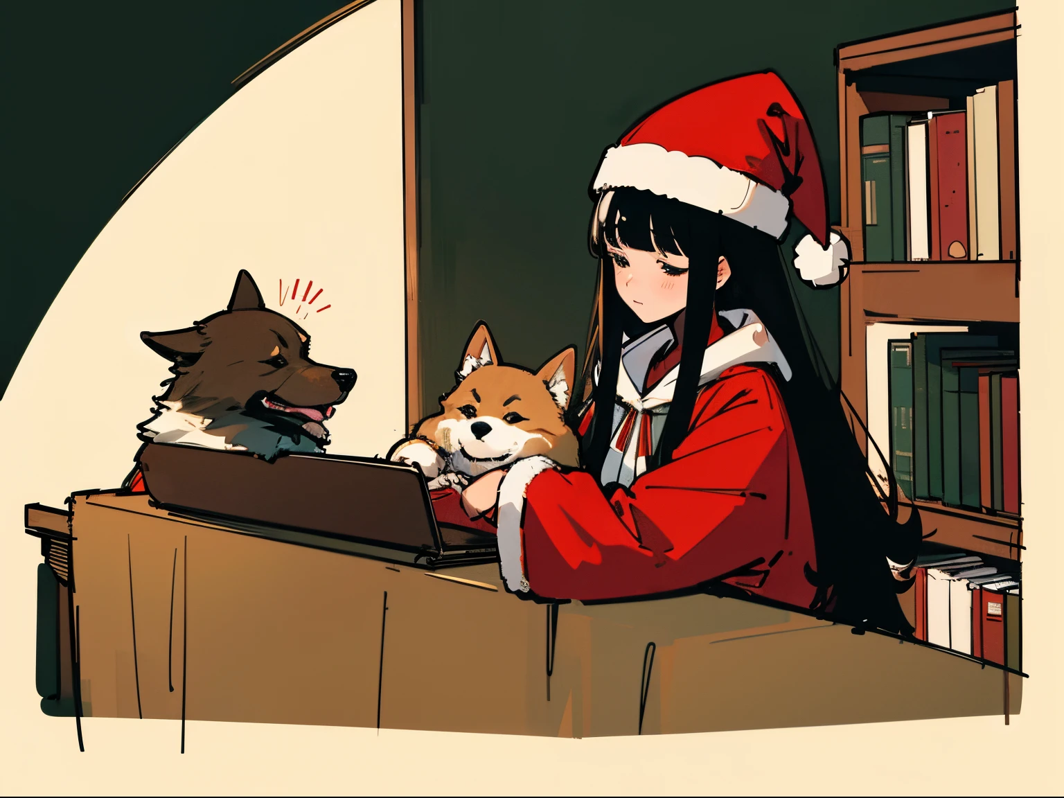 A 20-year-old black-haired woman petting a dog, Calm、Gentle light、black backgrounds、Coffee、head shot、Large houseplants、Lo-Fi Illustration、room with a low table、There are piles of books on the desk、a relaxing sight、Woman in hoodie、Red Santa Hat、looks sleepy、Green clothing、A big fluffy dog is sitting next to me.、Cute dog、golden coat dog、The dog is also wearing a Santa hat、The perfect dog