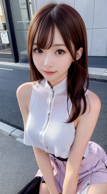 top-quality、超A high resolution、(Photorealsitic:1.4)、(ulzzang-6500:0.4)、Beautie、Korean Idols、21years old、length hair、light brown hair、Clean and wavy hairstyle、small tits、Very small breasts、Realistic eyes, slender narrow eyes、Beautiful eyes、A smile、croptop、Tank Tops、Wear a see-through shirt、a miniskirt、In the street、crouching down、slender、A slender、Slender body lines