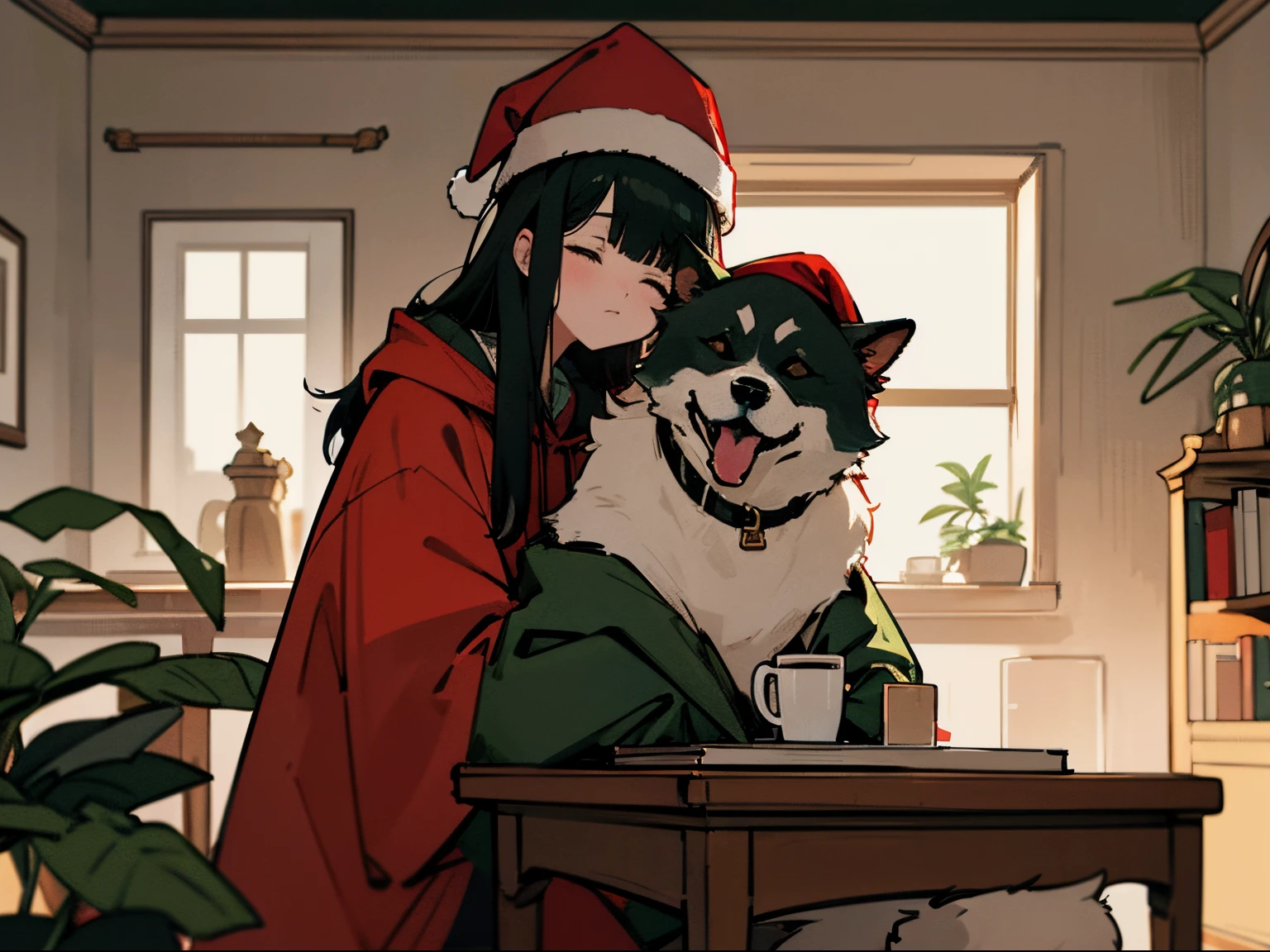 A 20-year-old black-haired woman petting a dog, Calm、Gentle light、black backgrounds、Coffee、head shot、Large houseplants、Lo-Fi Illustration、room with a low table、There are piles of books on the desk、a relaxing sight、Woman in hoodie、Red Santa Hat、looks sleepy、Green clothing、A big fluffy dog is sitting next to me.、Cute dog、golden coat dog、The dog is also wearing a Santa hat、The perfect dog