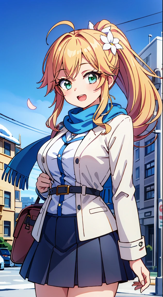 (Absurd realistic structure details),(High resolution complex and detailed text quality),(High-resolution microstructure,High Poly 3D Rendering Correction),Methods of geometry,Careful explanatory anatomy,
BREAK,
1 beautiful girl, girl with, (Cute:1.5),(Chibi:0.5),(kawaii:2.0),(Lori:2.0),( girl),(large full breasts:1.65),(Ahoge,High Ponytail,Blonde hair, blue bow, Green eyes,eyebrows visible through hair,side locks,Parted bangs,Long hair, Hair Flower, Hair Ornament, Curly hair,Bow:1.4),:D,(Angel,White feathers, one white winged, Angel wings,Spread wings, Glowing wings),pitt \(Kid Icarus\),gleaming skin, Clear skin, shining beautiful skin, Open mouth,Smile, Solo, tusk, Upper teeth,(long eyelashes, Double eyelids:1.2),Solo,gleaming skin, Clear skin, Beautiful skin,(best quality face),(Top quality glowing eyes),(The best smile,Doya face:1.45), BREAK (Pink Theme:1.4), (Vivid colors:1.3), ( Winter clothes,Long sleeves) (Skirt, Black skirt, Pleated skirt ), Miniskirt, ( coat ),School bag,Handbag,Shoulder bag,Effect of giving shine to hair, Soft smile, (Closed eyes:0.7), White coat,Looking at Viewer, Sparkle effect, random colored petals, Many petals, Fluttering petals, prismatic effects,
BREAK,(day), Standing,a closed mouth,(architecture, building, Choker, city, Cityscape, Outdoors, building, city,lamp post, Power lines, scarf, skyporn, Snow, Solo, utility pole, Winters:1.55), Waterfall,depth of fields,
BREAK,wakame,wakame,wakame,(Cowboy Shot:1.4),
BREAK,(Blurry background:1.3),(absurderes, hight resolution, Super Detail Art),cel shading,Clear Color, Lonely optical effect, Beautiful pictures, Bright glow, mystic atmosphere,(Close-up of girl:1.1), Mystical light particle effect,manga influence, clean line drawings,