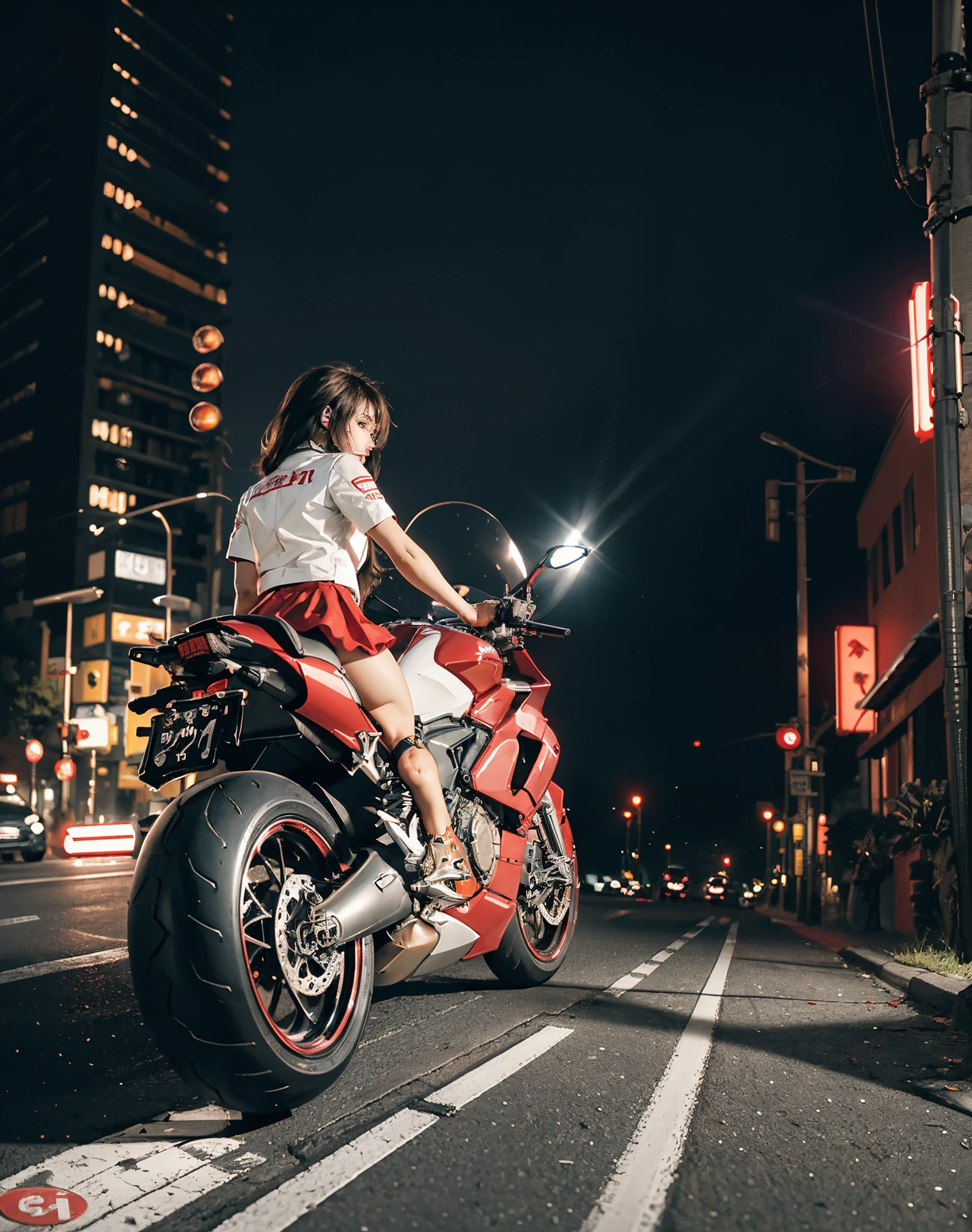 hight resolution、high-level image quality、in 8K、Real live-action、Raw photography、top-quality、masterpiece、masutepiece、(Soft Saturation:1)、(depth of fields:1.2)、(Ray traching:1.2)、Blue glow、Shot diagonally from above、Sense of speed、((during night)), city night scene、The background is a beautiful neon cyberpunk Tokyo、city night scene、Neon light、Dynamic Poses、Dynamic camera angles、heavy wind、Big red motorcycle speeding through the city at night、((Run leaving a trail of light:1.2))、Young woman in red dress sitting on a big red motorcycle, Beautiful face、kawaii faces、(Red dress:1.2)、(Red short skirt:1.3)、white knee highs、(Red boots:1.2、Draw the toes:1.2)、perfect hand、perfect foot、perfect ankles、Perfect toes、Perfect toes、Perfect Heel:1.3、((Grasp the controller with both hands:1.2))、Slouched、put one'Upper body, Lower body:1.2、Sitting on the Ducati Panigale V4,Riding the Ducati Panigale V4, Sci-fi style bikes, Sci-fi style bikes, Ducati Panigale V4 Motorcycle Rider, How to ride the Ducati Panigale V4, (Draw left and right rearview mirrors:1.3)、(headlights shine blue:1.2)、picture of a female biker, motorbike,Motorcycle displacement: Ducati Panigale V4 Details、motion-blur、(white smoke from tires:1.1)、