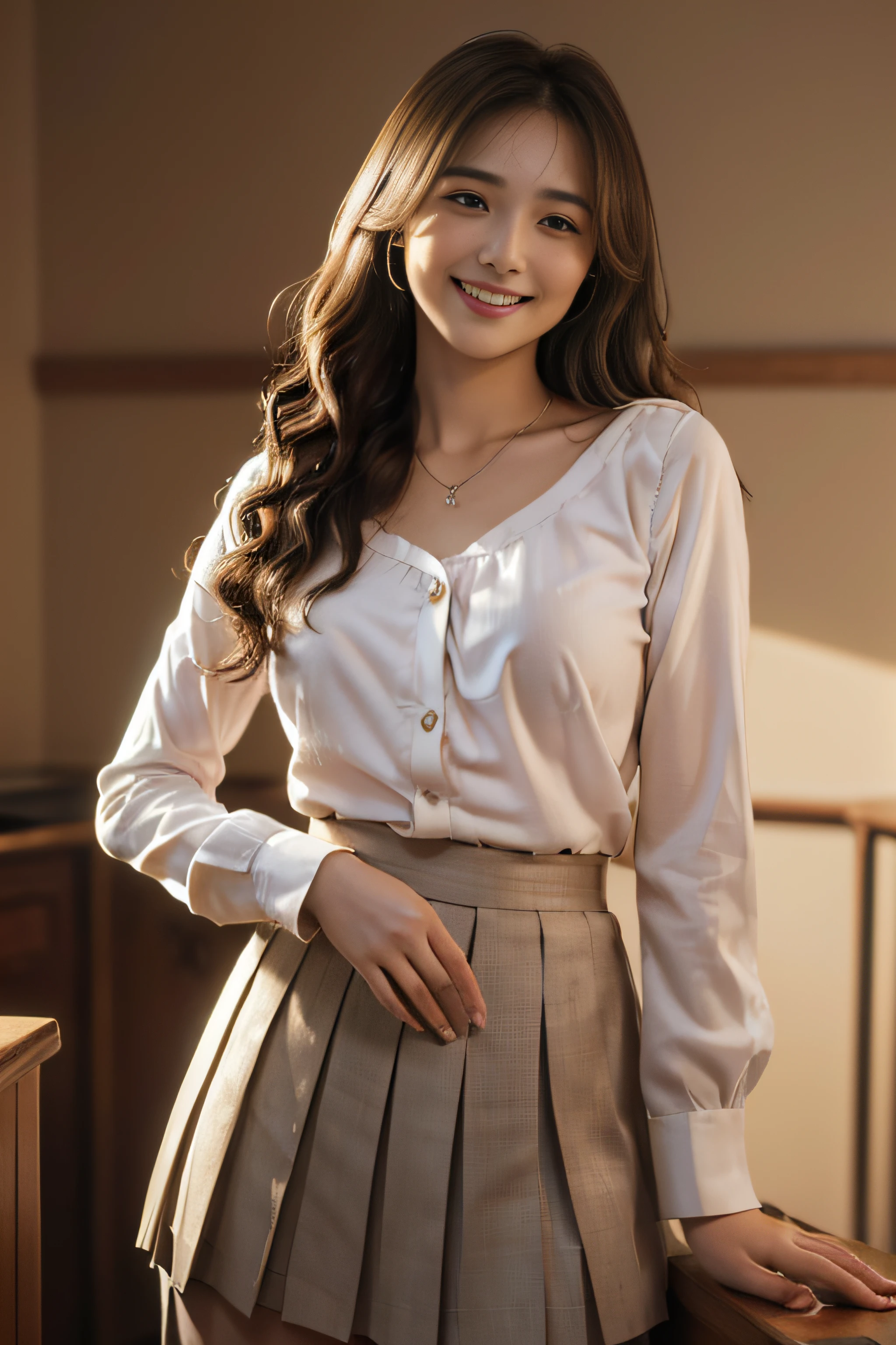 ((Beautiful girl from Japan:1.3))((Pink Button Blouse＿Mini pleated skirt in white＿Gold necklace:1.4))((Tuck the hem of the blouse into the skirt:1.2))((pantyshot:1.5))((High School Teacher:1.2)),((hold the back of the neck with one hand＿I have a textbook in my hand:1.3)) ((Standing at the pulpit＿i&#39;I&#39;m teaching while watching you:1.3)),((full of sweat:1.5))((Blushing face:1.4)) ((Medium milk:1.4)) ((close-up:1.2)) Best Quality,masutepiece,超A high resolution,(Photorealistic:1.4),Raw foto,(Authentic skin texture:1.3),(Film grain:1.3),the panorama,Character Portrait,Very Wide Shot,big breasts thin waist,Cowboy Shots,(Durkin, deepshadow, lowkey, cold light,) natta,(()),Streaming Tears,,Dust,Tindall Effect,(expressions),1girl in,beautiful detailed eyes and face,White Jabot,Brown eyes,((brown super long hair＿Reach up to the waist:1.2)),((loosely curled hair:1.2)),((FULL BODYSHOT:1.3)) ((Smile:1.3))