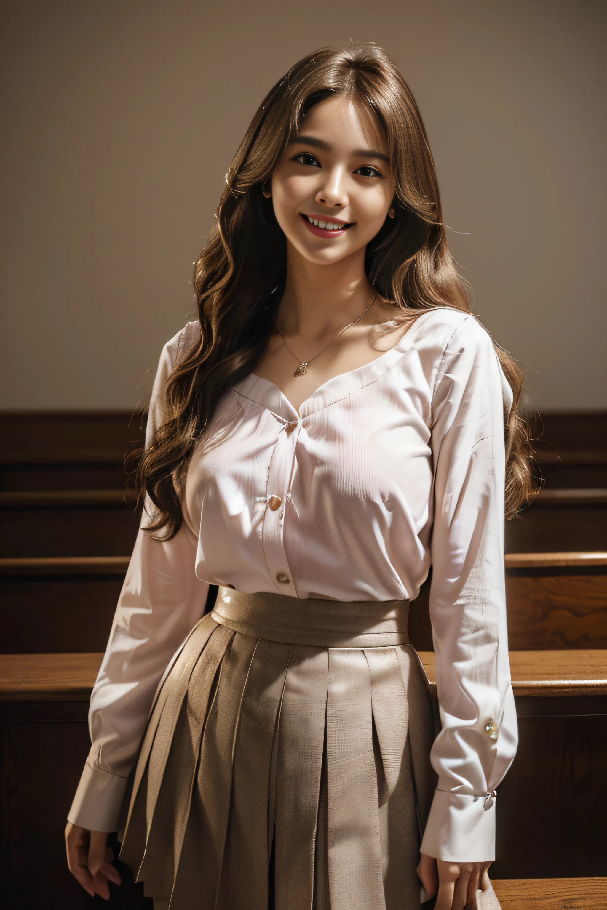 ((beautiful a girl:1.3))((Company OL:1.4))((pantyshot:1.3))((Company Office:1.2))((Brown tweed wrap skirt:1.3)),((White blouse:1.2)),((See-through sleeves:1.2))(((Brown-colored super long hair:1.2))),((in class room:1.3)) ((Thin_fabric:1.4)) ((Random sexy poses:1.3)) ((full of sweat:1.5))((with a flushed face:1.4)) ((Medium chest same:1.4)) ((close-up:1.2)) Best Quality,masutepiece,超A high resolution,(Photorealistic:1.4),Raw photo,(Authentic skin texture:1.3),(Film grain:1.3),the panorama,Character Portrait,Very Wide Shot,Narrow waist,Cowboy Shot,(In the Dark, deepshadow, lowkey, cold light,) Night,(()),Streaming Tears,,Dust,Tindall Effect,(expression),1girl in,beautiful detailed eyes and face,White Jabot,Brown eyes,((Brown hair:1.2)) ((Full body:1.3)) ((Smile:1.3))