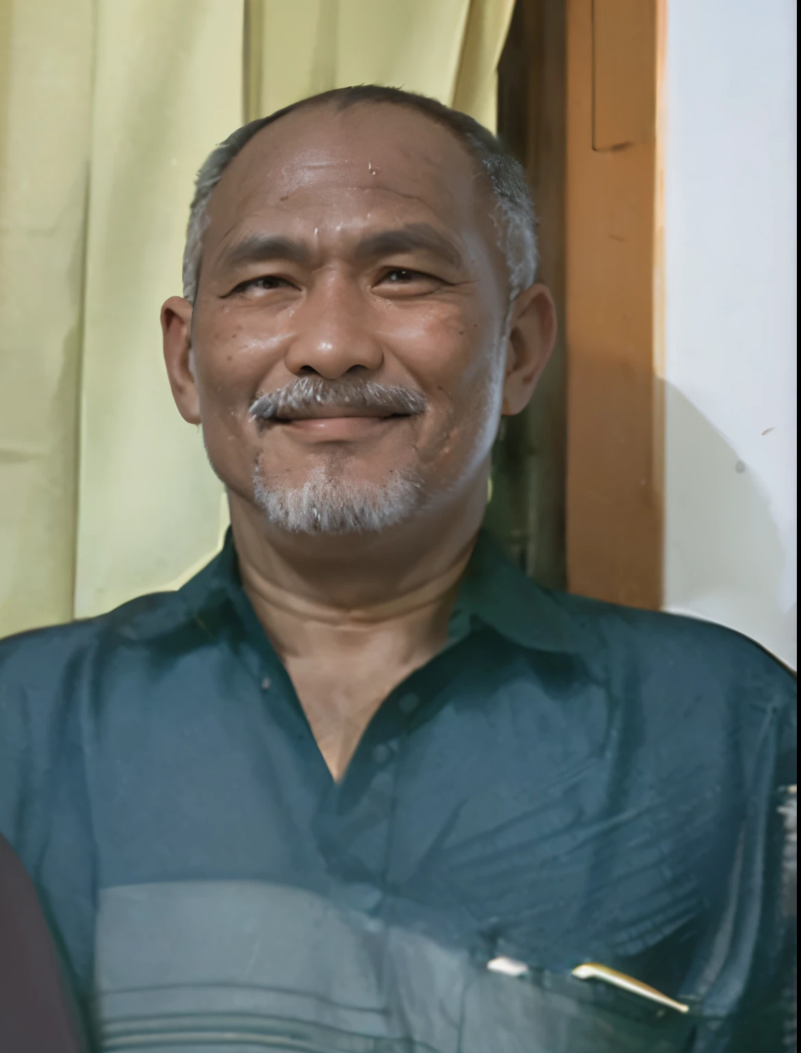A 50 year old Indonesian man, The head is slightly bald at the front, the mustache and beard are thin, the hair on the beard and mustache is partly white, smiling, with brown skin, Eyes look forward