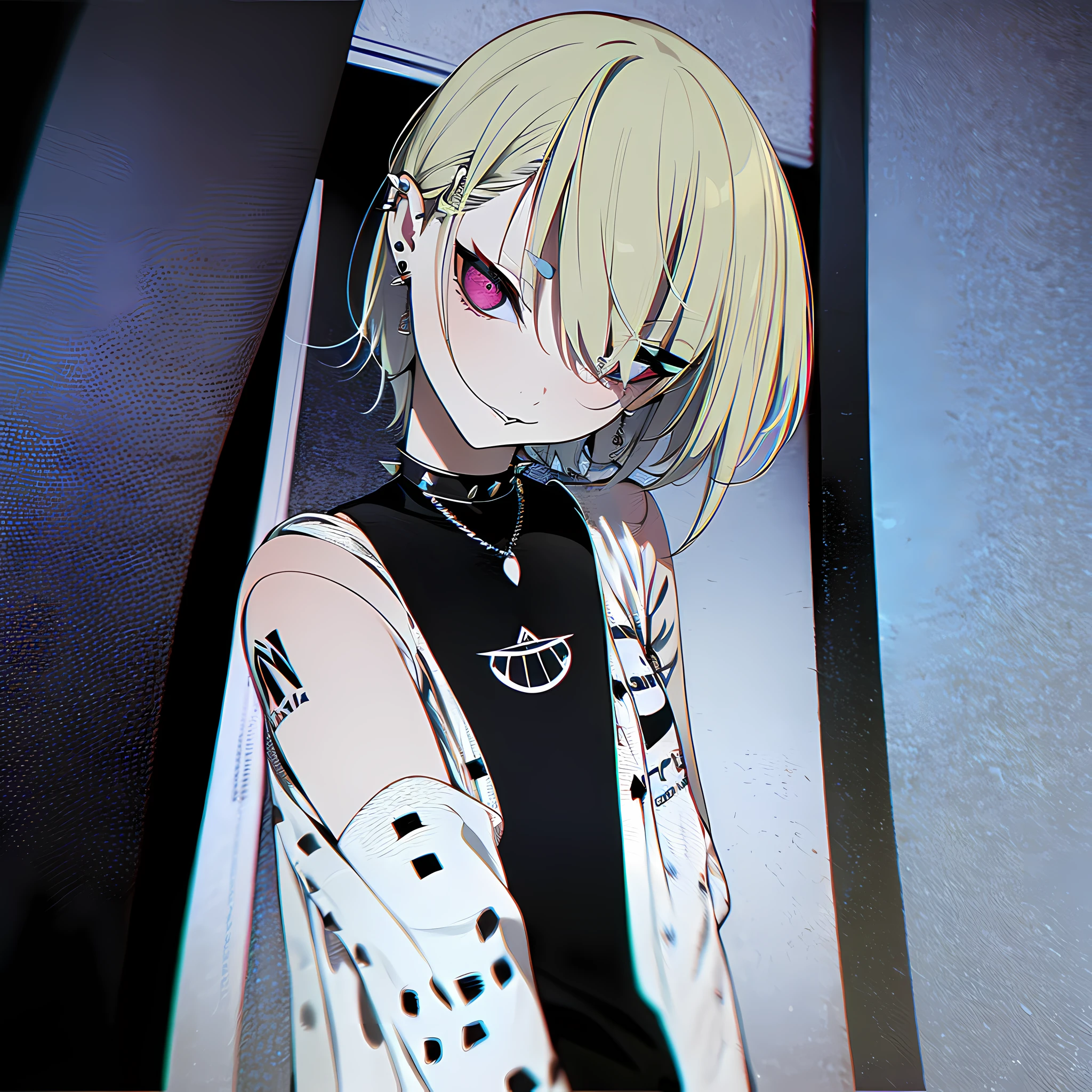 blond woman with tattoos and piercings posing for a picture, septum piercing, girl with short white hair, wearing spikes and piercings, piercings collar, wearing black choker, pale hair, gothic eyeliner, piercing stare, dark piercing eyes, "I don't miss you, I miss the sin and I don't miss us, I miss back then"