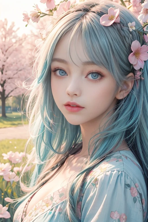 medium portrait of a girl, Spring landscape, Evening. a perfect face, Cyan eyes, hair light, slight smile, Character portrait, Miho Hirano style , floral motives, Hair development, pastel colours,pink and blue flowers