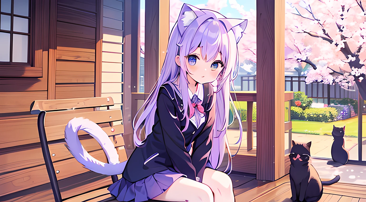 Anime girl, purple hair, long shiny hair, sparkling blue eyes, cat ears, purple uniform, blue short skirt, red shoes, cute, beautiful, shy and sexy, with a colored cat tail Violet. Sit on a chair and admire the cherry blossoms