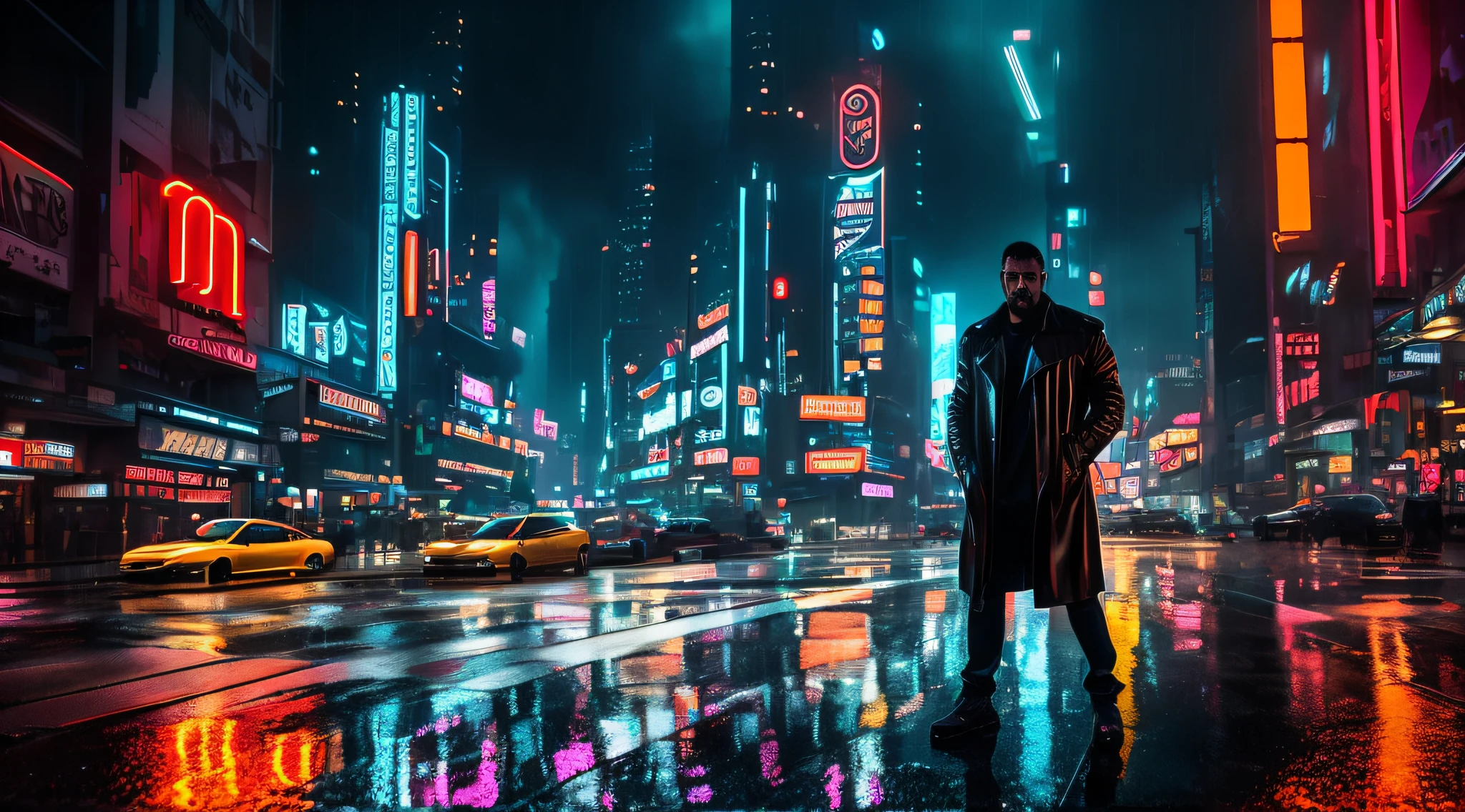"Joe, the enigmatic protagonist of Blade Runner 2049, finds himself standing at the edge of a bustling metropolis. As he gazes into the neon-lit cityscape beneath a stormy, smog-filled sky, sadness, raining, gazing upwards. neon lights, close up, wet."