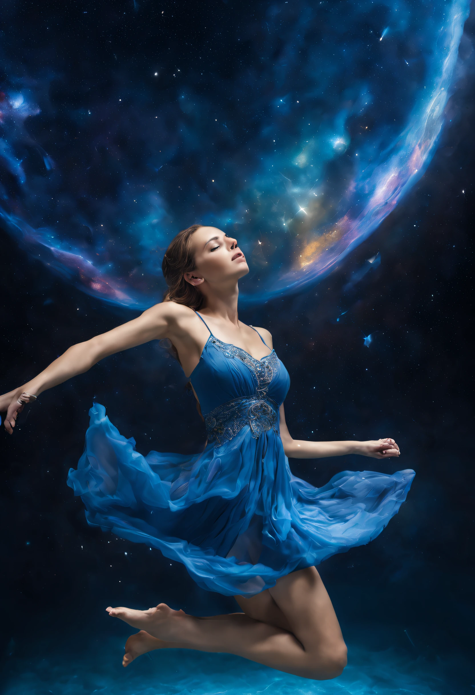 arafed woman in a blue dress is floating in the water, magical fairy floating in space, dramatic magic floating pose, dramatic floating pose, floating across the cosmic ocean, floating in the universe, cyborg goddess in cosmos, girl in space, she is floating in the air, floating among stars, floating in the cosmos nebula, floatiung in front of a nebula