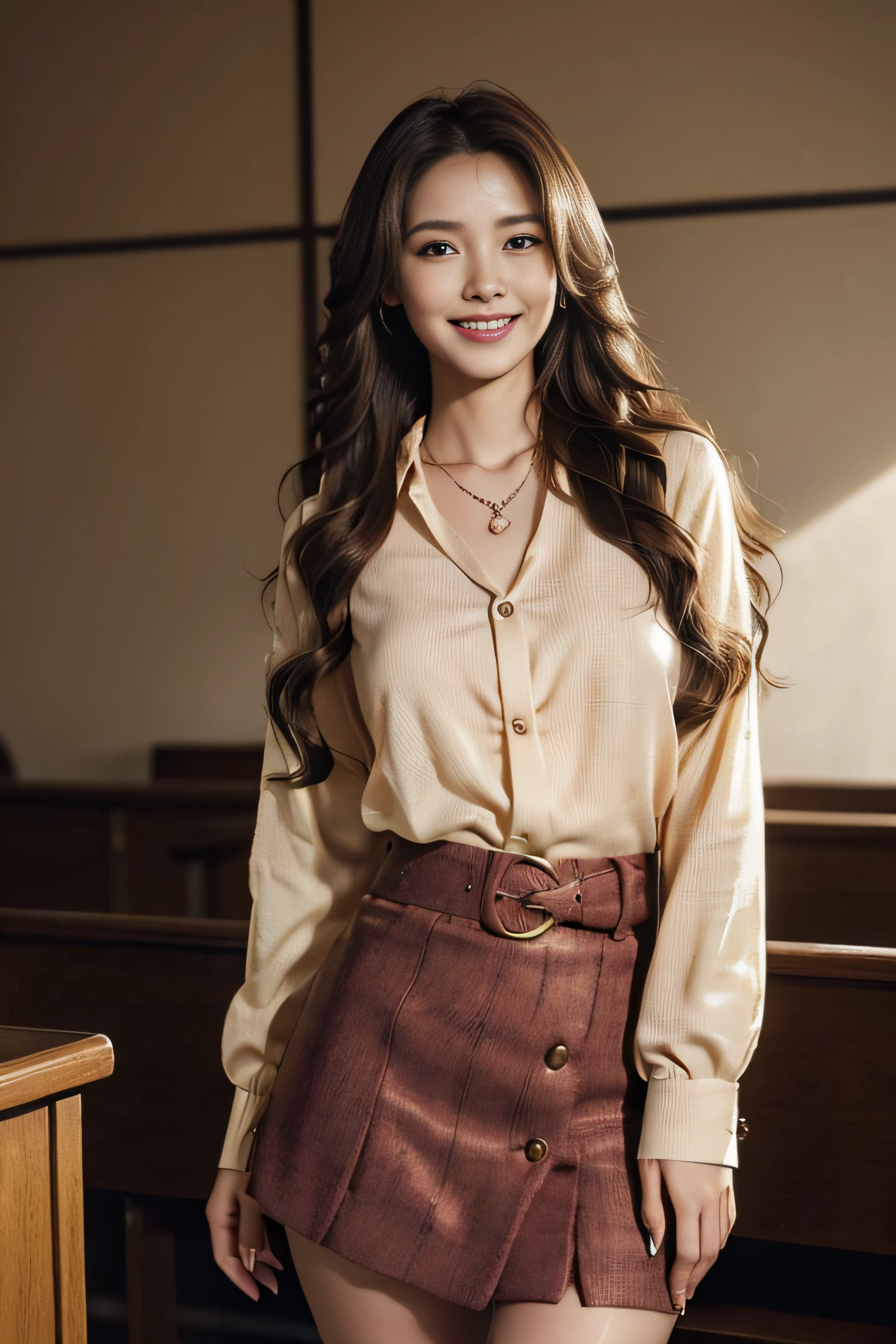 ((Beautiful girl from Japan:1.3))((red button blouse_red tweed miniskirt_Gold necklace:1.4))((Tuck the hem of the blouse into the skirt:1.2))((pantyshot:1.5))((High School Teacher:1.2)),((I have a textbook in my hand:1.3)) ((Standing at the pulpit_i'I'm teaching while watching you:1.3)),((full of sweat:1.5))((Blushing face:1.4)) ((Medium milk:1.4)) ((close-up:1.2)) Best Quality,masutepiece,超A high resolution,(Photorealistic:1.4),Raw foto,(Authentic skin texture:1.3),(Film grain:1.3),the panorama,Character Portrait,Very Wide Shot,big breasts thin waist,Cowboy Shots,(Durkin, deepshadow, lowkey, cold light,) natta,(()),Streaming Tears,,Dust,Tindall Effect,(expressions),1girl in,beautiful detailed eyes and face,White Jabot,Brown eyes,((brown super long hair_Reach up to the waist:1.2)),((loosely curled hair:1.2)),((FULL BODYSHOT:1.3)) ((Smile:1.3))