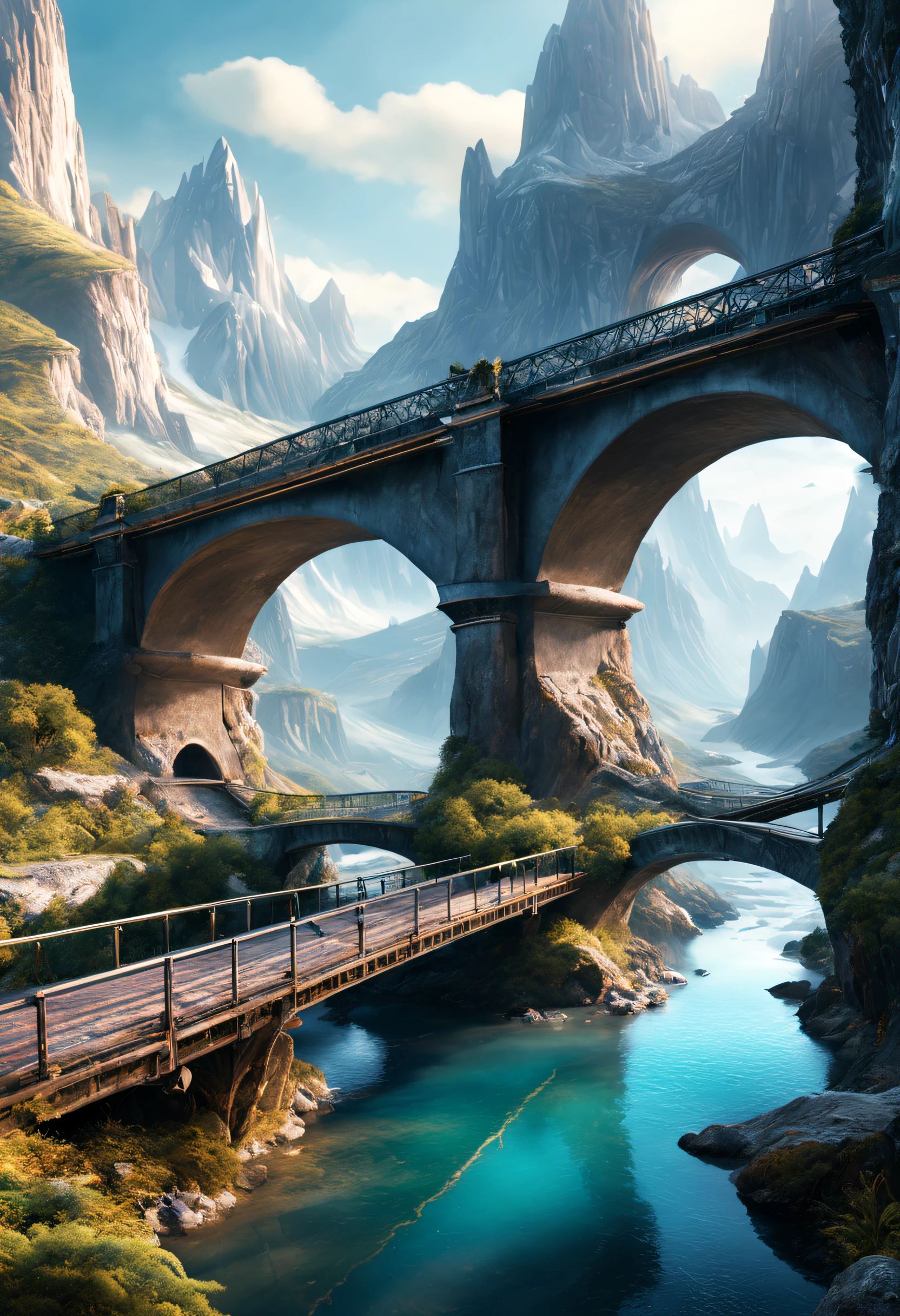 mountains and a bridge with a river in the foreground, a matte painting inspired by jessica rossier, cg society contest winner, fantastic realism, 3d rendered matte painting, matte painting in fantasy style, futuristic valley, 3 d render and matte painting, hyperdetailed 3d matte painting, hyperdetailed 3 d matte painting, optimistic matte painting, photorealistic matte painting