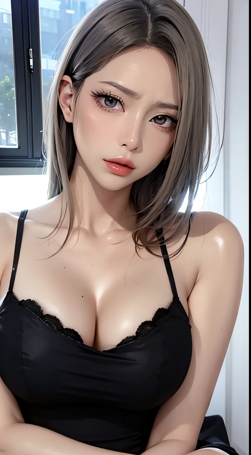 (Cinematic Digital Artwork: 1.3), High quality, masutepiece, of the highest quality, Super Detail, Illustration, [4K Digital Art]、 lndswgnr, (Sharp Focus: 1.5), (Moody lighting:1.2), depth of fields, Bokeh, 4K 、High resolution, ultra-detailliert, the Extremely Detailed CG Unity 8K Wallpapers, Realistic, Photorealsitic, Raw photo, beautifull detailed face, pale skin, realistic glistening skin, Detailed Cloth Texture, detailed hair texture, Perfect body, Beautiful face, acurate, Anatomically correct, Highly detailed face, Eye and skin texture, Natural neck length, (Beautiful eyes), (Beautiful hands), (Glossy skin:1.2), thin legs, Thin feet, Detailed people、A detailed face、细致背景、 


Dramatic makeup、makeup、Pinky Pink Lip Stick、eye make up、mascara、eye liner、eye shadow、light purple color contacts、Mine Makeup、moonlights、1 AM、
、white t-shirts、dressing gown、and draw the full body、de pele branca、Ash gray hair、Own room