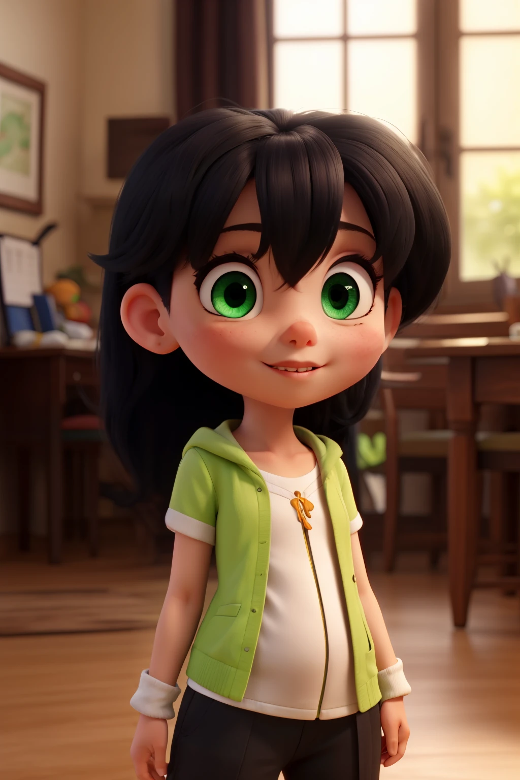 Green eyes Long straight black hair