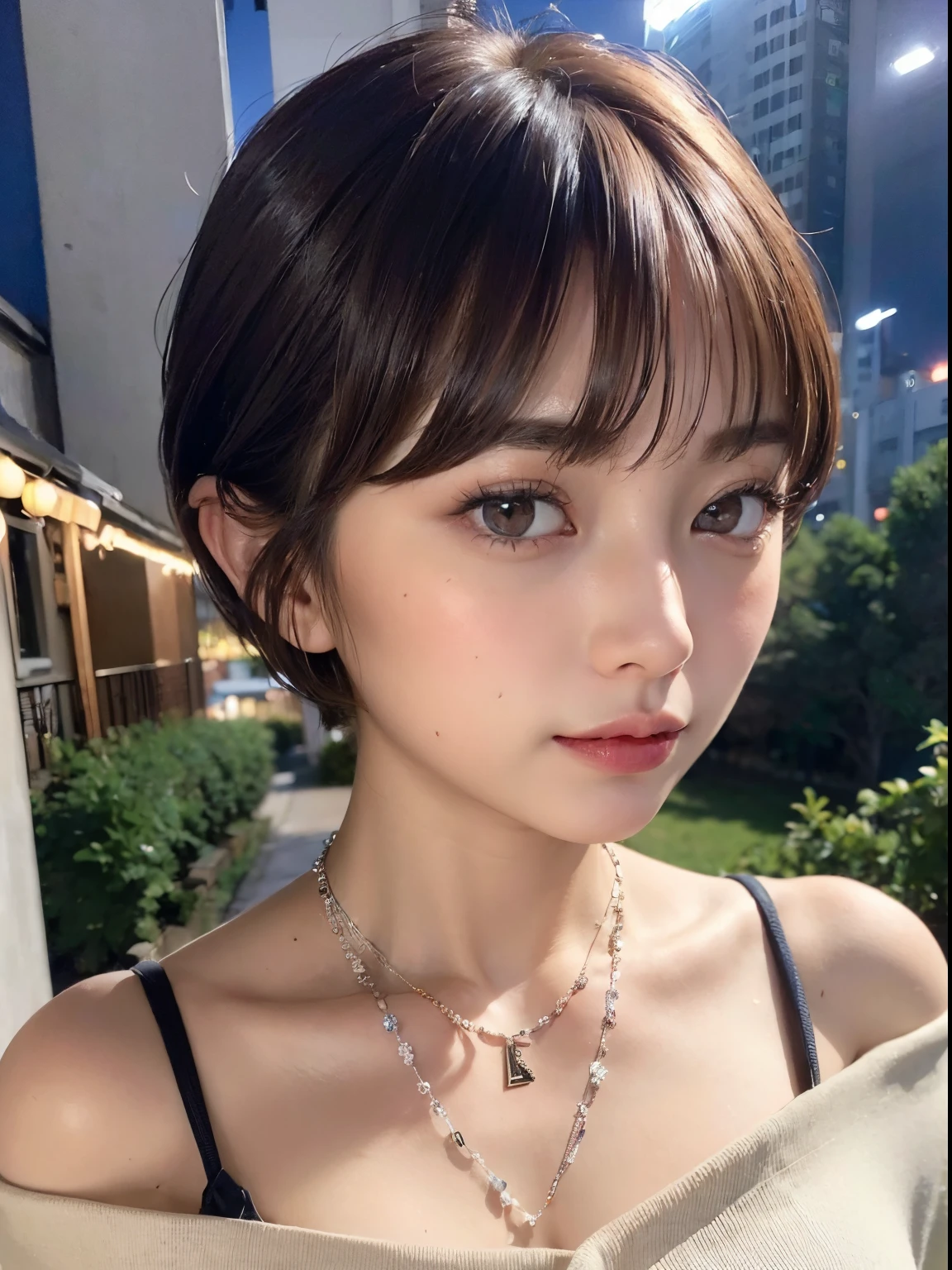 ((top-quality))、(masterpiece:1.4)、Raw photography、8K、((Top image quality))、 ((hight resolution))、Beautiful face in every detail、Realistic human skin、Gentle expression、(One lady:1.3 )、realisitic、Photorealsitic、(extra very short hair:1.4)、(Beautuful Women)、(cute Japanese girls)、Perfect Body Beauty、(boyish:1.35)、((mannish))、(I want you to rape me:1.8)、((Pretty Woman))、(nighttime scene:1.4)、(Beautiful hair)、((dark brown hair))、(((Red cheeks)))、((Her eyes are big))、20-year-old beauty、(her face is small:1.7)、small head、((long neck))、(Colossal tits:1.3)、pale skin、Spot-free skin、With bangs、Everyone longs for、japanese beautiful woman、Bedroom、eight heads high、(((date)))、((girlfriend))、(a necklace)、Looking at the camera、(Oversized clothes:1.375)、a bed、off shoulders、(Sexual feelings:1.5)、