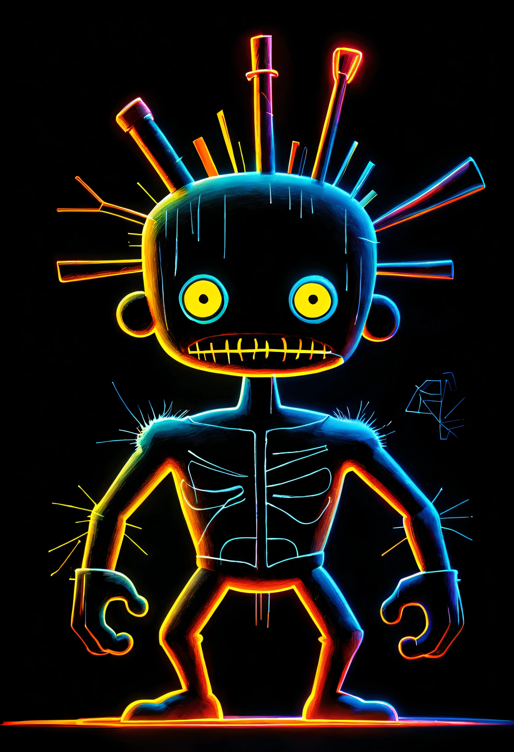 Black light art ,with black background,Burly warrior,Jean-Michel Basquiat (Jean-Michel Basquiat) Design style, character concept design, Half a body,