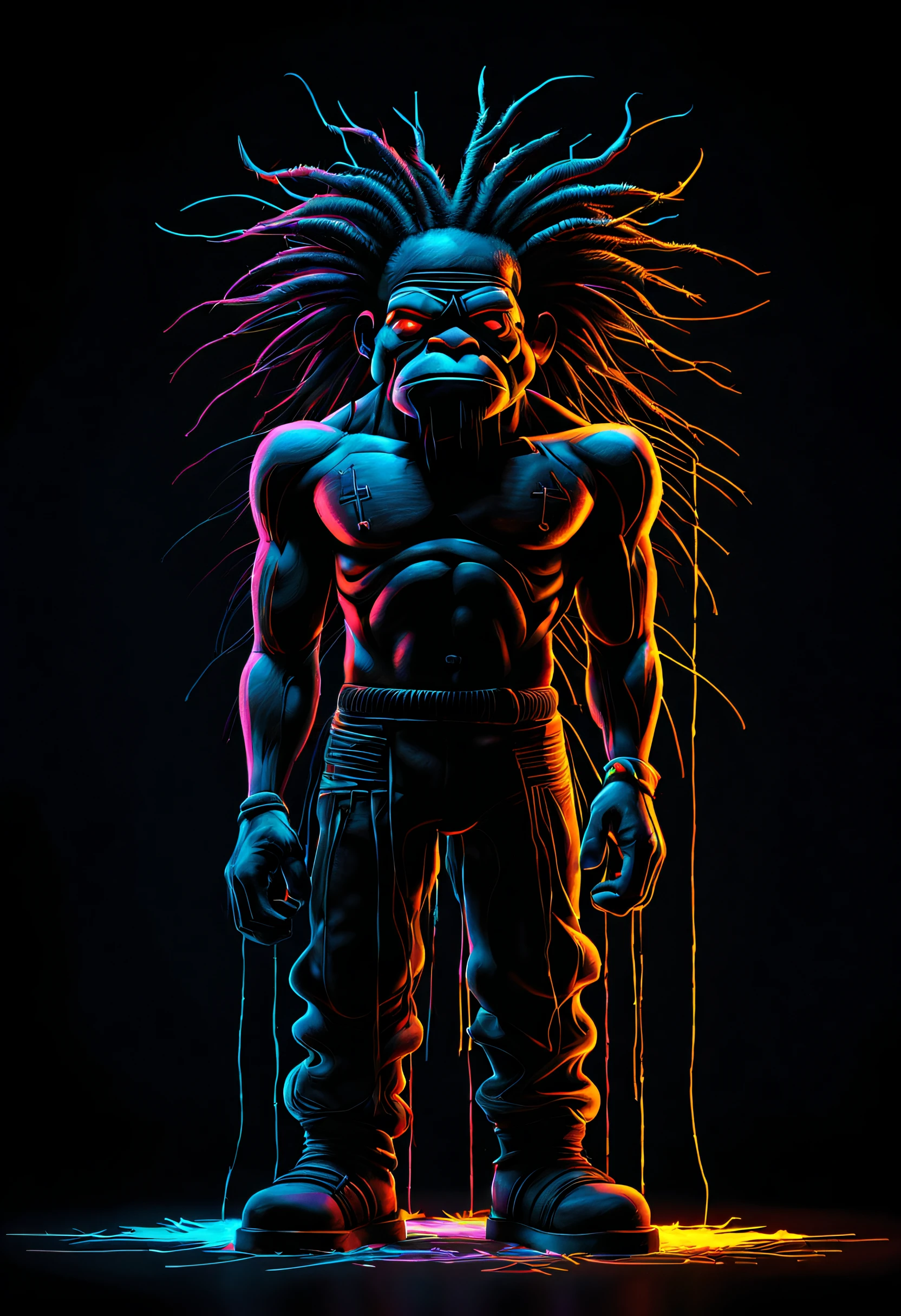 Black light art ，with black background，Burly warrior，Jean-Michel Basquiat (Jean-Michel Basquiat) Design style, character concept design, Half a body，