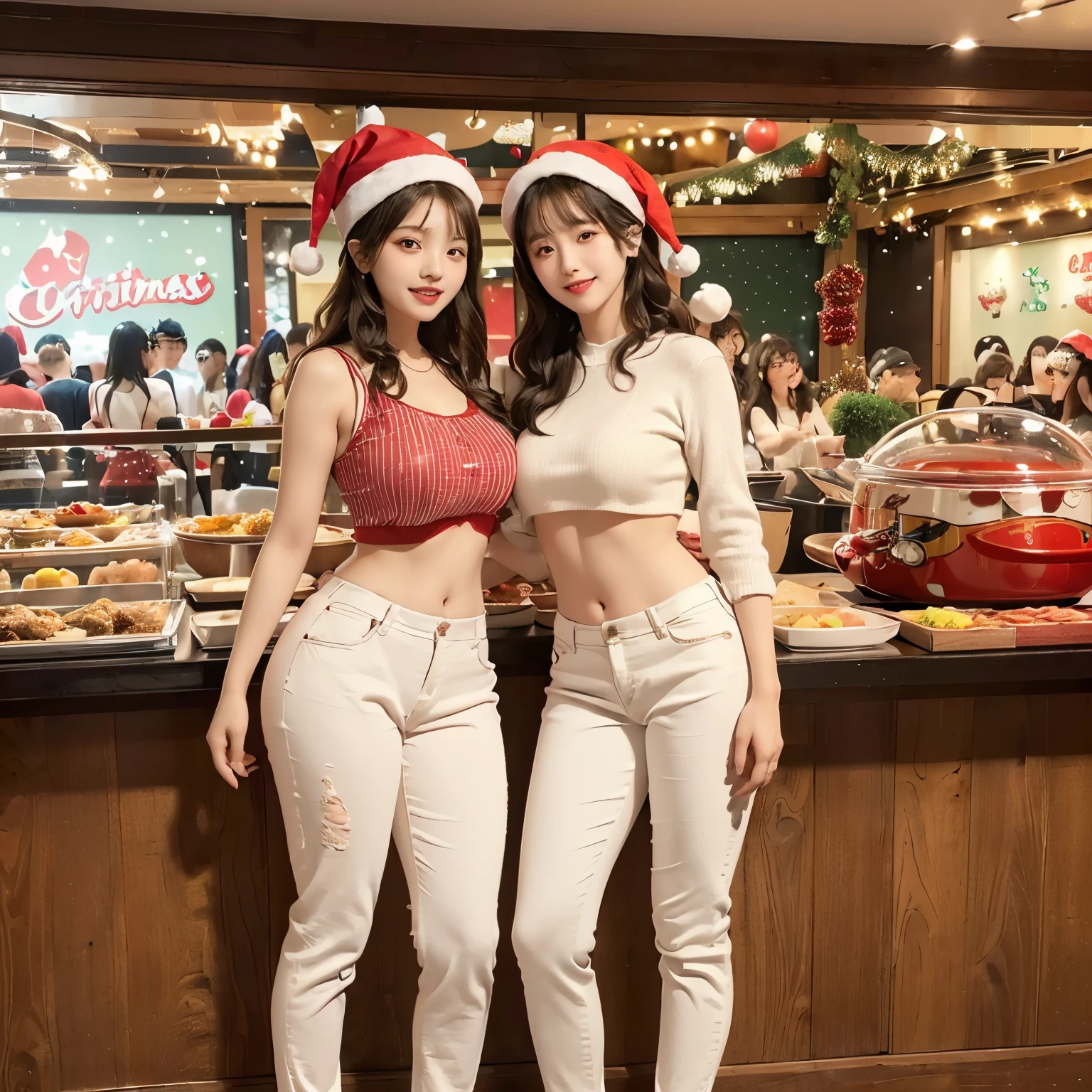 ,1, girl,Masterpiece, Raw photo,Super chubby 1 Asian girl, kpop idol, ((top quality, 8k, masterpiece, crisp focus, beautiful girl with perfect figure: 1.4, highly detailed face and skin texture, detailed eyes, ((skinny)), beautiful face, symmetrical face, full-length, sweet smile,full body shoot, sweet smile, wearing Christmas Suit, Super realistic, red Thong jeans pants and white crop top, wearing Christmas hats, beautiful Christmas Party background in the shopping mall, full body shoot, photo shoot, high quality, curly hairstyles, Full body shoot,, full body shoot, wallpaper HD, eating hot pot,in the hot pot restaurant, eating post