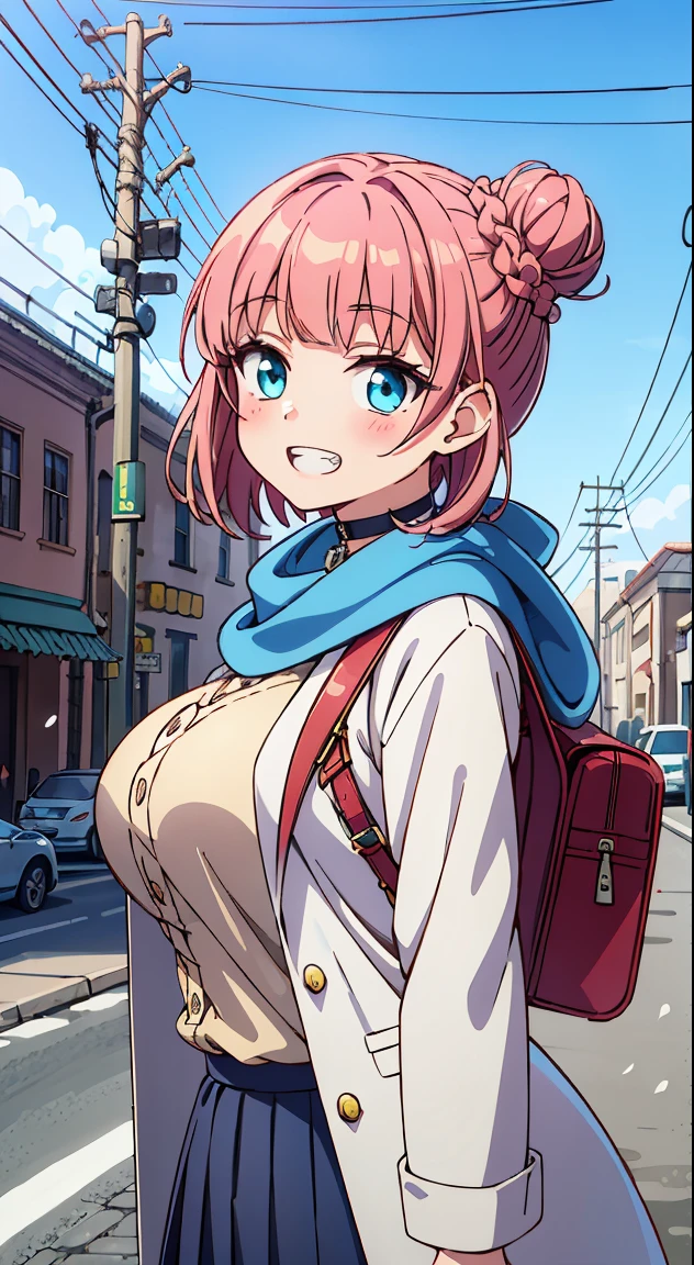 Anime girl with pink hair and blue eyes in a city - SeaArt AI