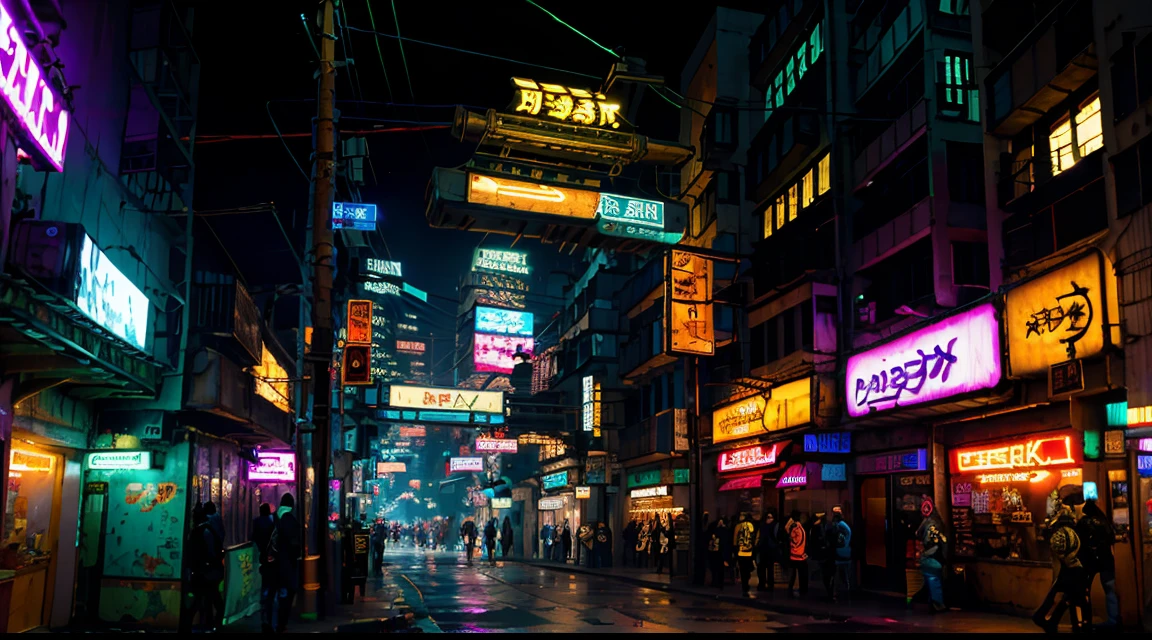 cyberpunk street with many lights and neon signs, es de noche