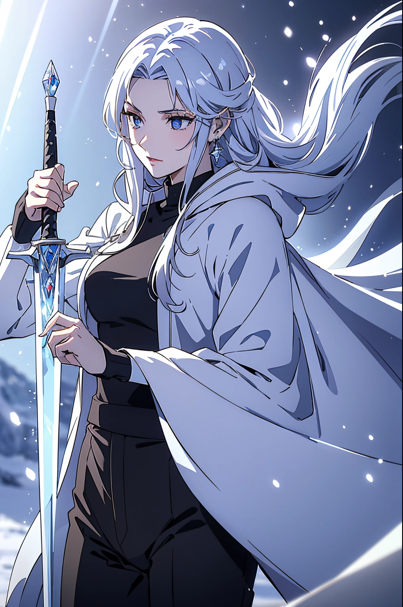 (best quality, high resolution), ultra-detailed, woman, young, 19 years old, swordsman, long white hair, snow-white skin, cold eyes, crystal blue eyes, black sweater, black pants, white cape with hood, crystal sword shiny, earring, crystal background.