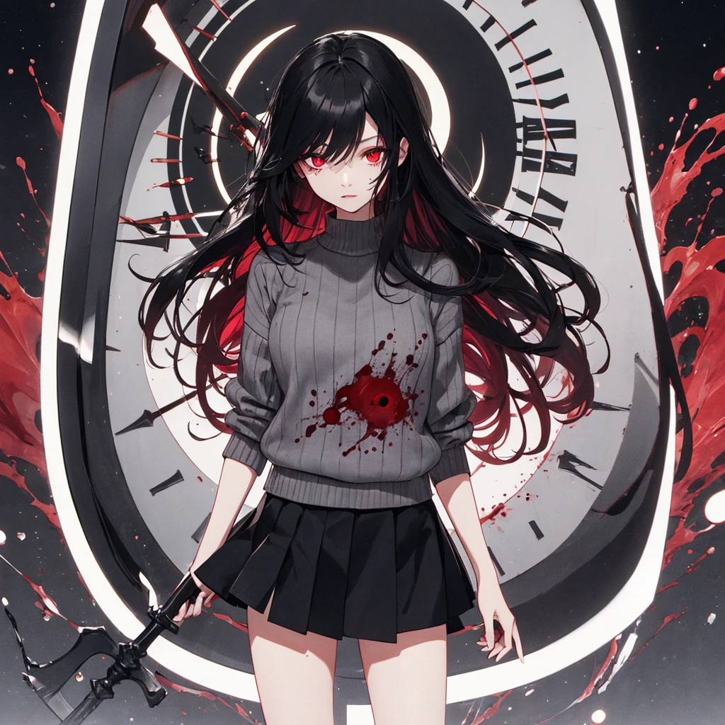 femele,Long black hair,red eyes,No light in the eyes,Black vertical sweater,a black skirt,Bewitching look,black rusty sword,Black Moon,Black aura,large clock,Blood droplets,deep in the night