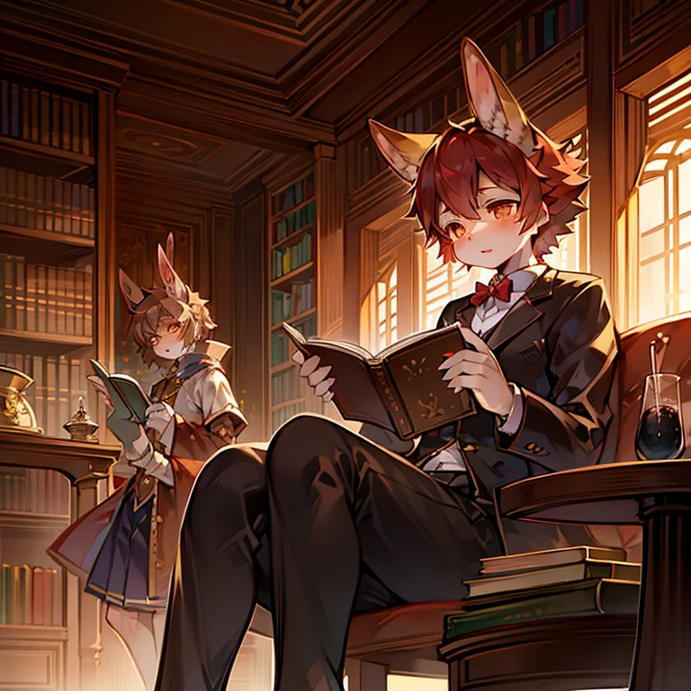 Masterpiece, hiquality, rabbit Kemono, bunny girl, red short hair, golden eyes, aristocrat, Reading books, drinks tea and reads a book, 独奏, 1 bunny girl, Long rabbit ears