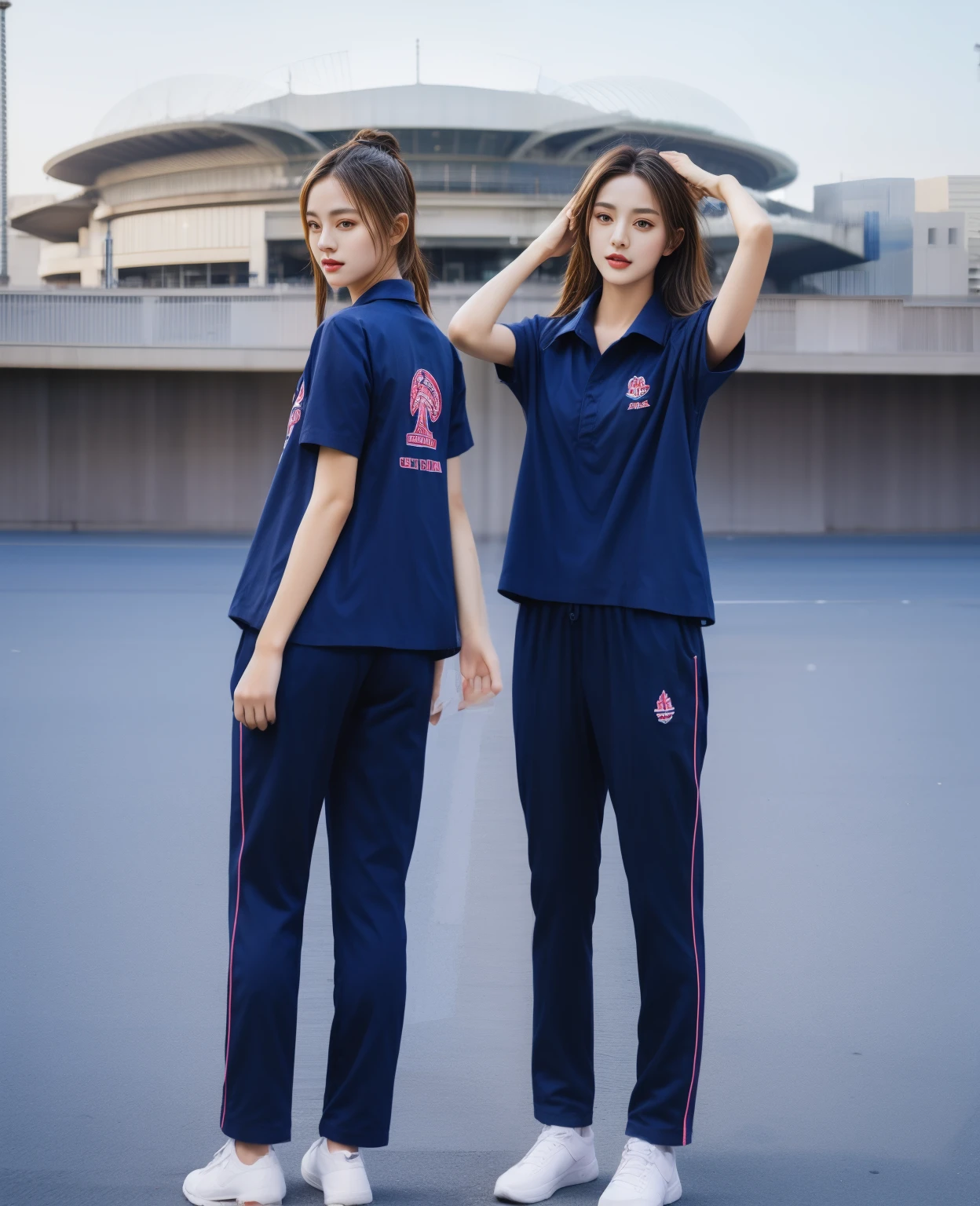 (bestquality,10,10,highres,masterpiece:1.2),ultra-detail,(Realistic,photorealistic portrait,photo-realistic:1.37),1 Cute girl in the football field,oily shiny skin,bara,light smile,BDclothes,((blue shirt:1.3)),short sleeves,shirt, trousers.,(navy_long_Pants Track:1.1), ((Stadium Background:1.3)),dynamic angle,excited,face focus,Dynamic Poses,from behide,Ass Focus,masterpiece, bestquality, ultra realistic, hyper-detail, 8k resolution, RAW photo, crisp focus, ((Navy blue shirt:1.1)), short sleeves, Long Path, Perfect body, 2 mature women, 18yo, cinematic light,Blue sweatpants,Gymware,Correct anatomy,Complete body, Correct body, sharp face, Anatomically correct body, full entire body, Realistic gestures, long-haired, Realistic poses,Wear long shorts.........................,Long leg span,Shapely,Sculpting Girl, Slender Figure, mannequin mannequins, Shapely, Beautiful body,Blue sweatpants, Two girls kissing