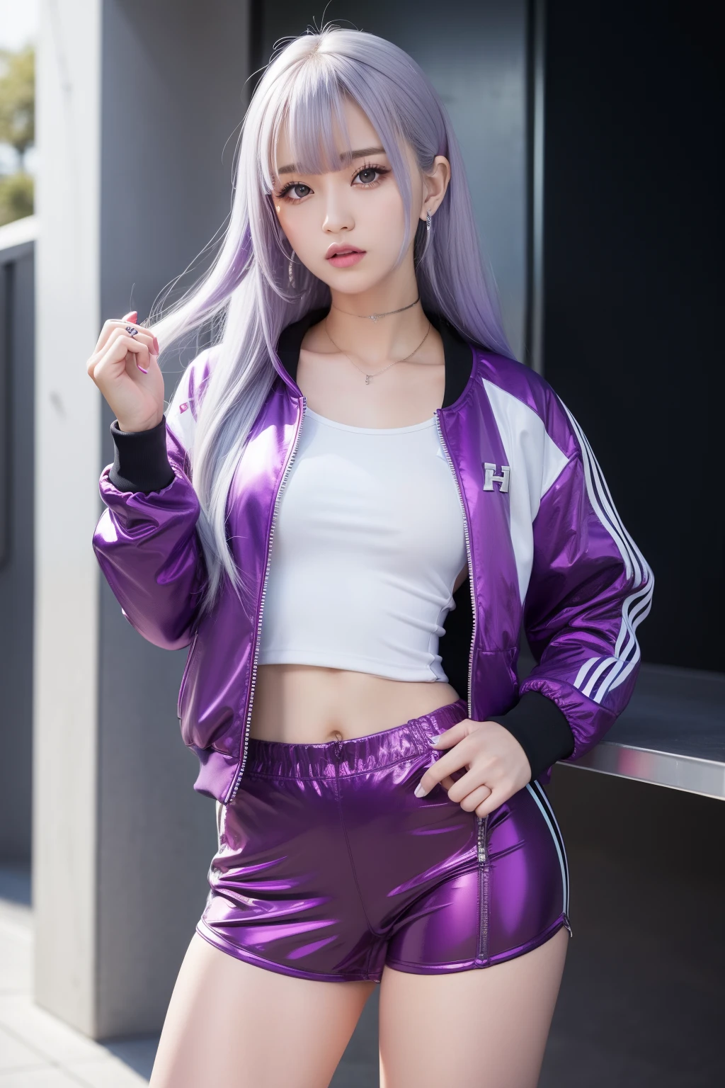 female idol、full body Esbian、shiny purple tight shorts、Silver hair、Track jacket