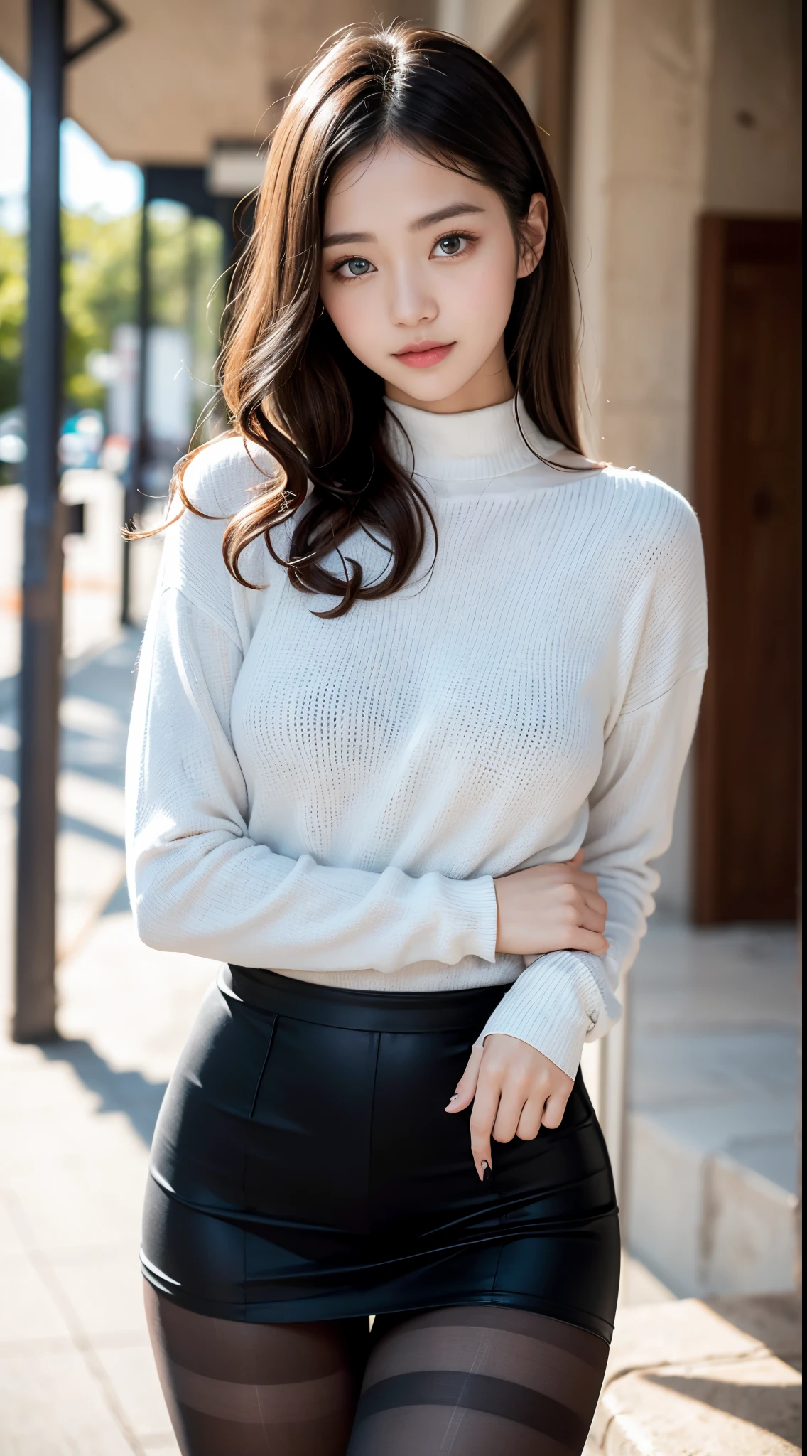 ulzzang -6500-v1.1, (Raw photo:1.2), (Photorealsitic), (Real:1.4), 1girl with、Very pretty girl、21years old、game_nffsw, Ocean Blue Eyes(eye detailed), Smile of shame、Business Fashion、Doing work、(Ultra-realistic pantyhose:1.2), Curly hair、realistic skin textures、shinny skin、Exposed thighs!!! , make - up、eye shadow、