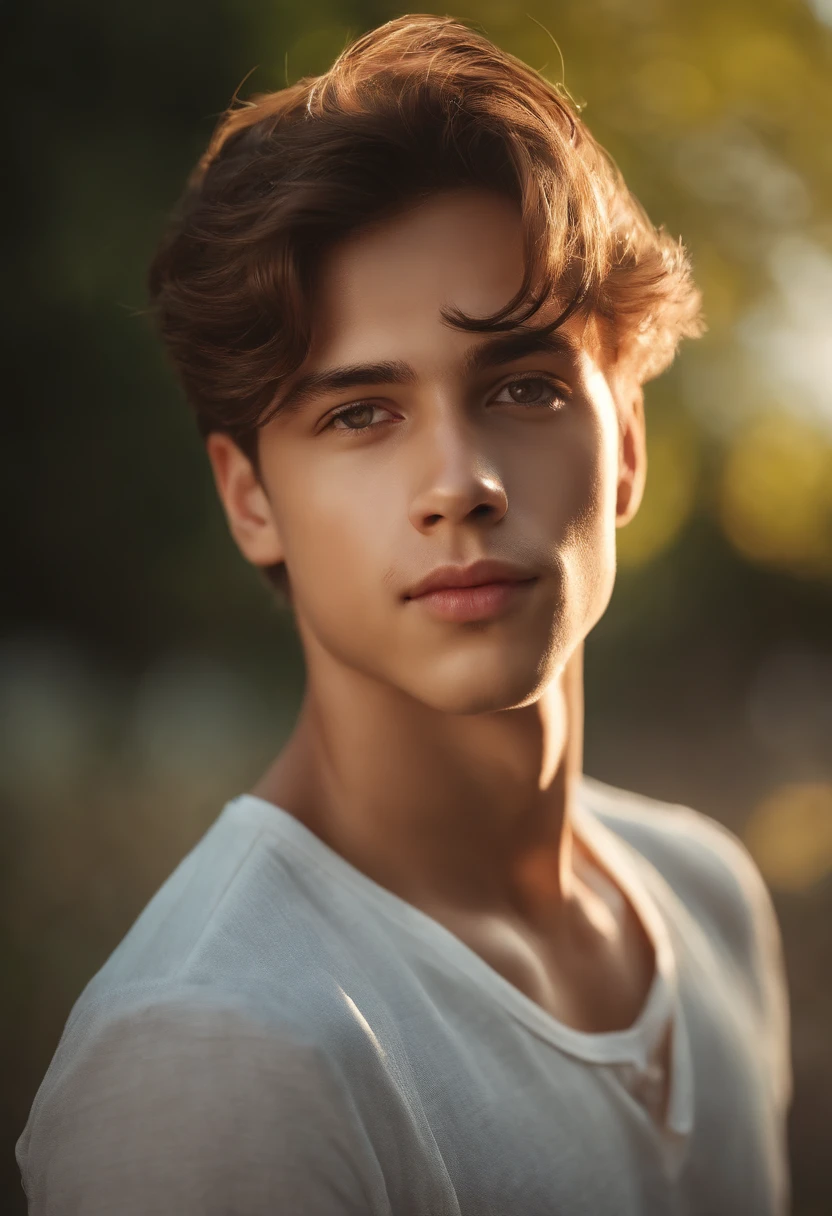 Up close, a handsome boy, outdoors, full of summer atmosphere, portrait, no reflection, rich detail, sunlight, light, 120mm focal length, natural light, bright, soft, minimalist, clear subject, 4k, real detail, perfect photo